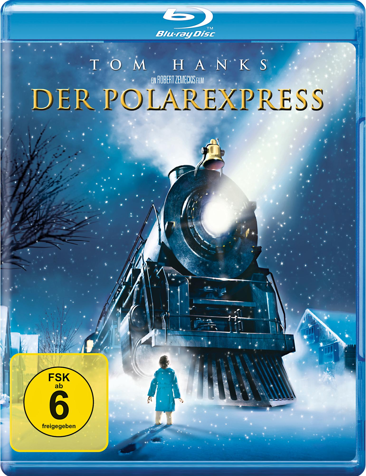 Filmcover: 'Der Polarexpress' mit Zug und Junge im Schnee. Hat Blu-ray Disc-Label mit FSK 6.