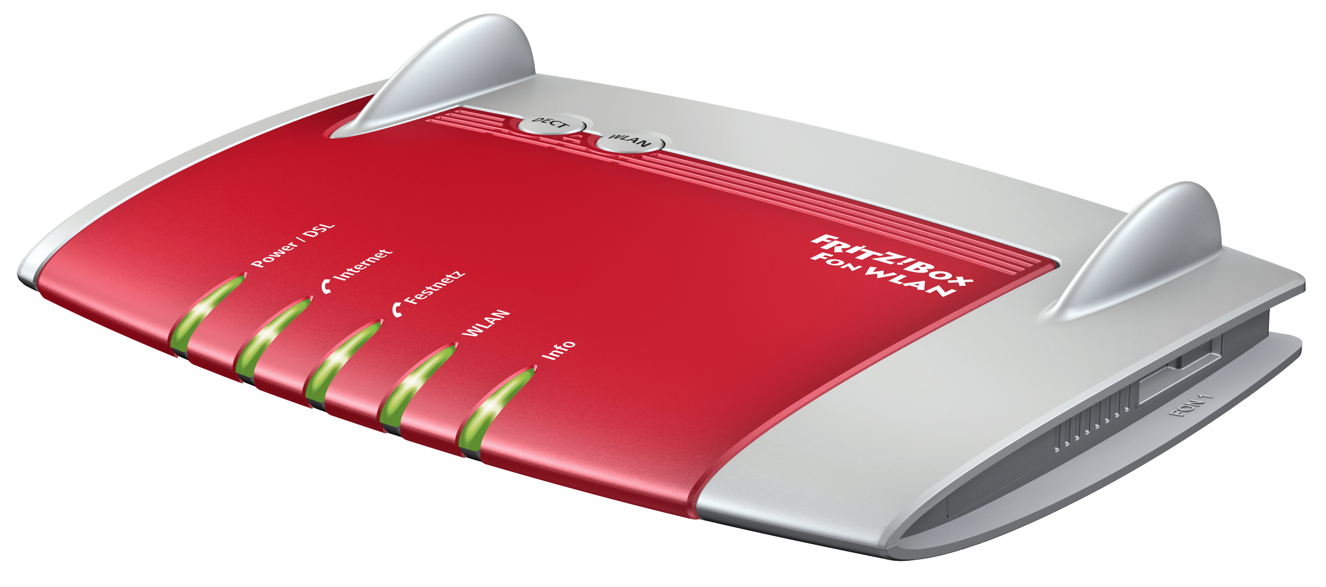Roter und grauer Router mit Antennen und einem weißen Label mit 'Fritz!Box'.