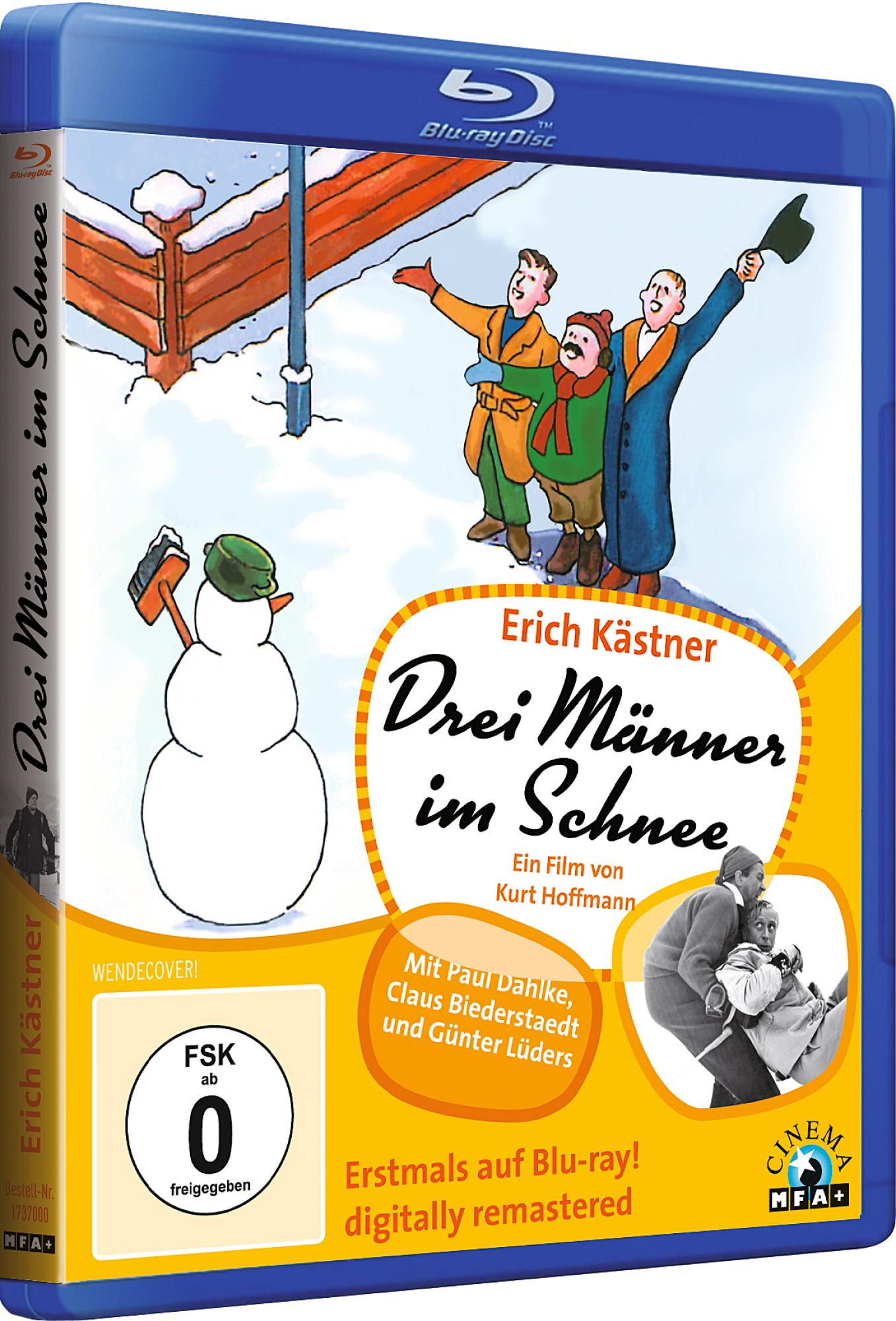 Blu-ray-Hülle eines Films mit einem Cartoon-Schneemann und drei Männern im Winter. Der Titel ist Drei Männer im Schnee.