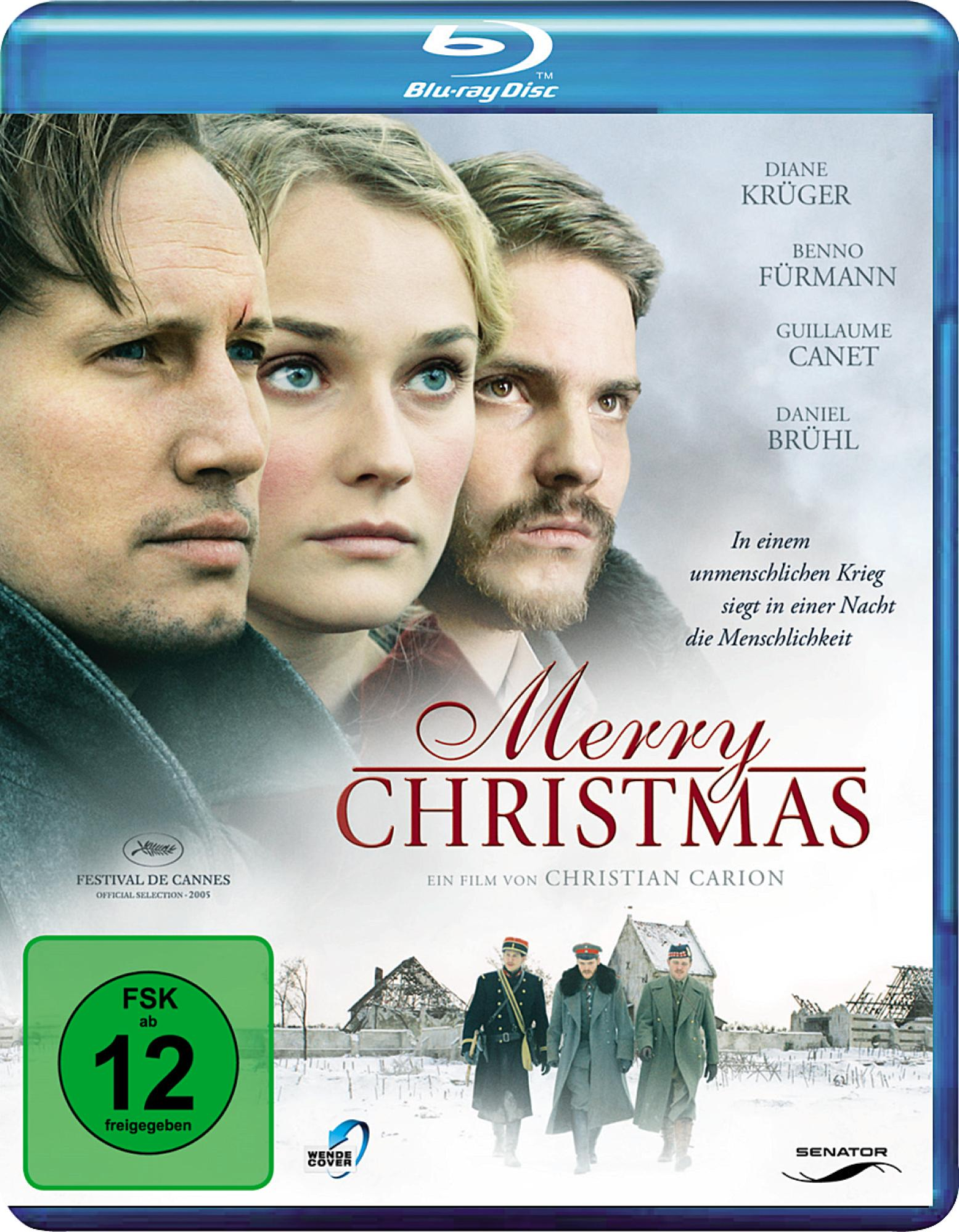 Filmcover mit drei Personen und dem Titel Merry Christmas. Blu-ray Disc Format.