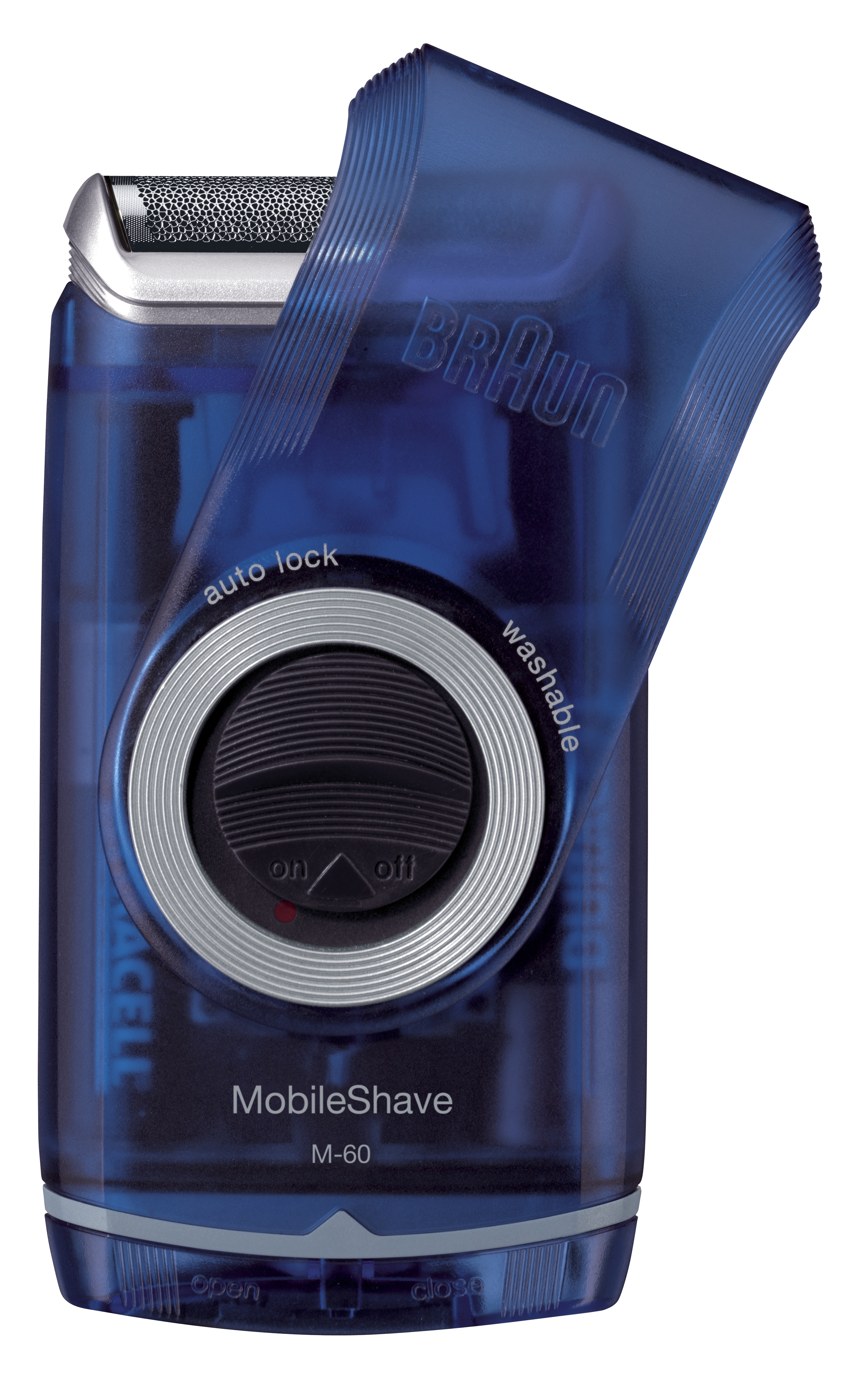 Blauwe Braun MobileShave M-60 scheerapparaat, open met zilveren kop. Close-up.