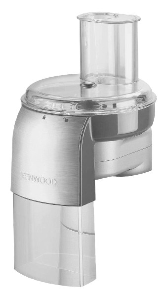 Ein Kenwood-Küchengerät, silber mit transparentem Behälter und Deckel.