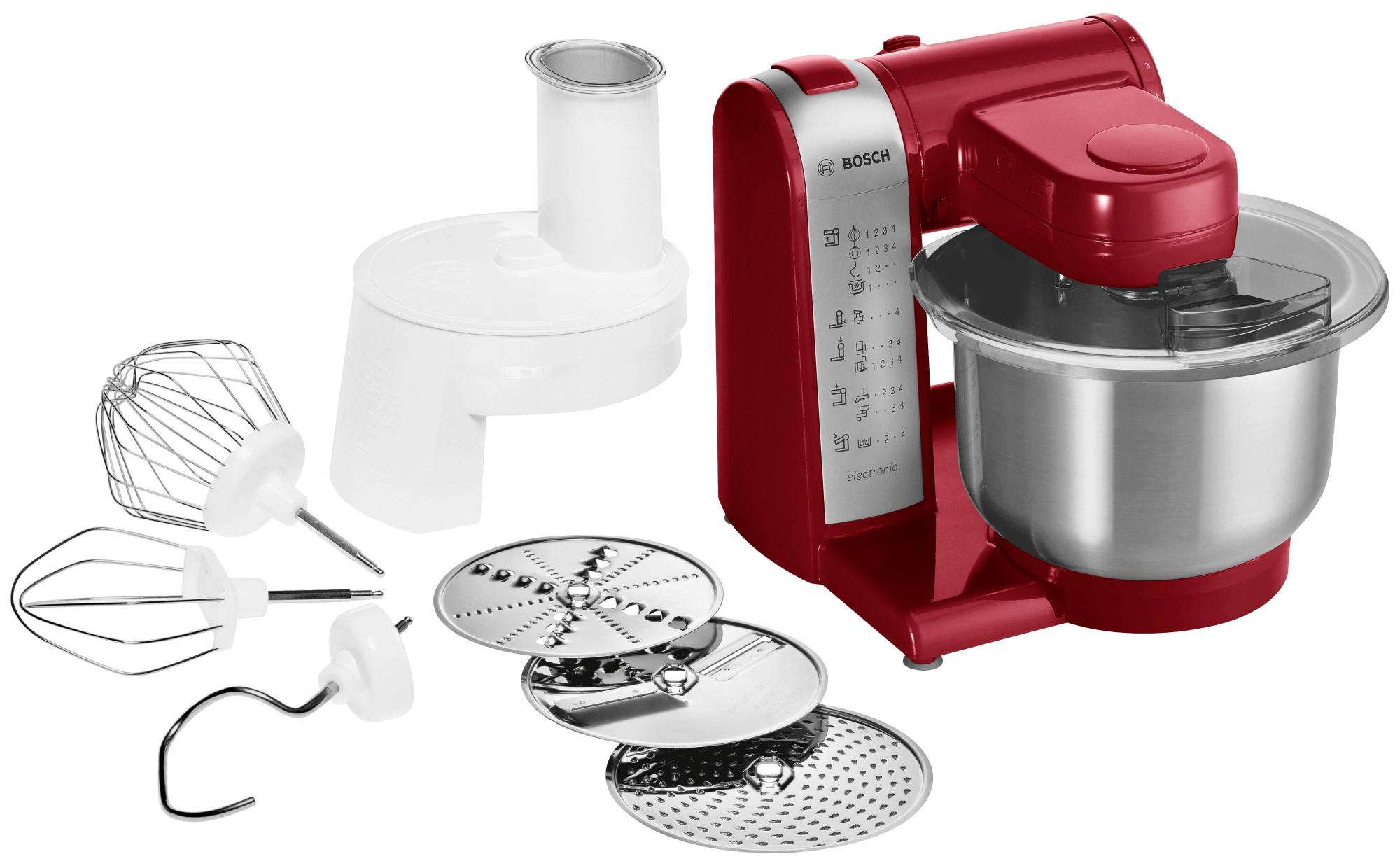 Roter Bosch-Küchenmixer mit Aufsätzen. Weißer Hintergrund.