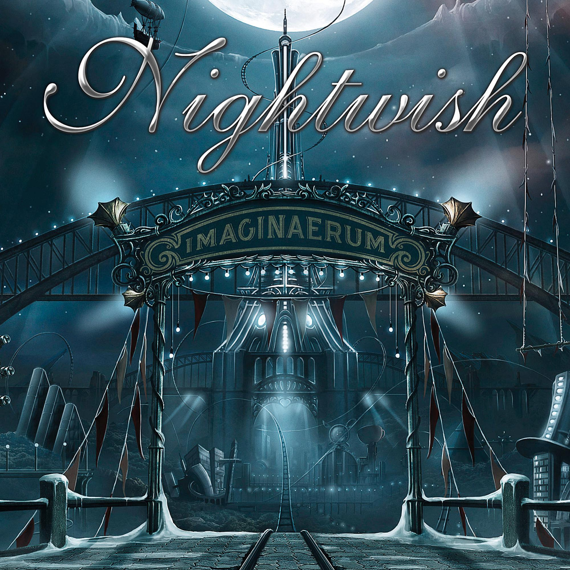 Nightwish Albumcover. Eine Fantasy-Stadtlandschaft mit Torbogen und zirkusartigen Elementen unter Vollmond.