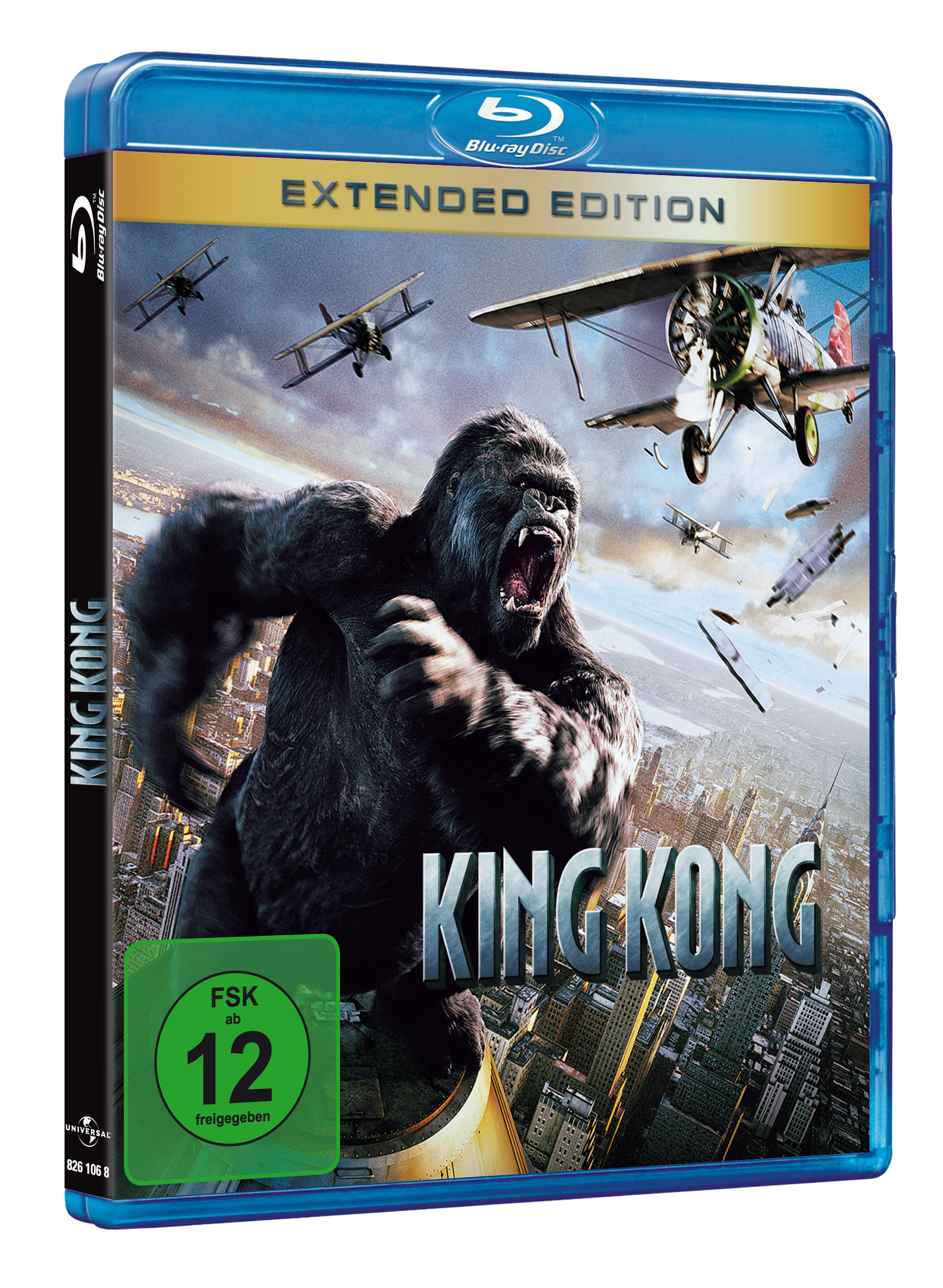 King Kong Blu-ray-Cover. Ein riesiger Affe greift eine Stadt an, Flugzeuge am Himmel.
