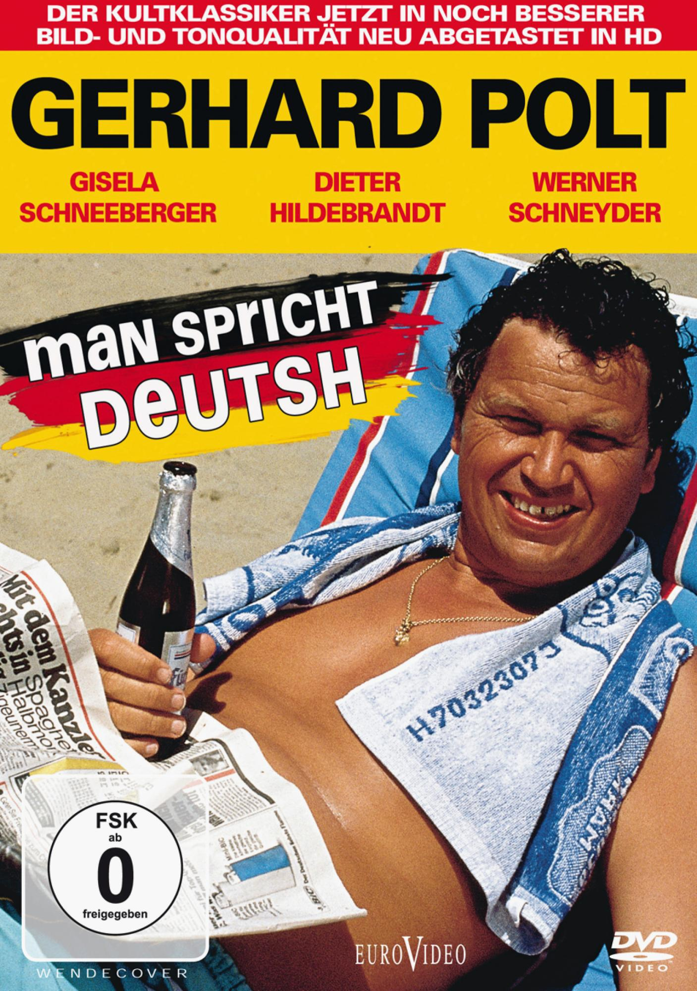 Filmcover: Mann im Handtuch hält Flasche. Text auf Deutsch: man spricht Deutsch. Blauer Hintergrund.