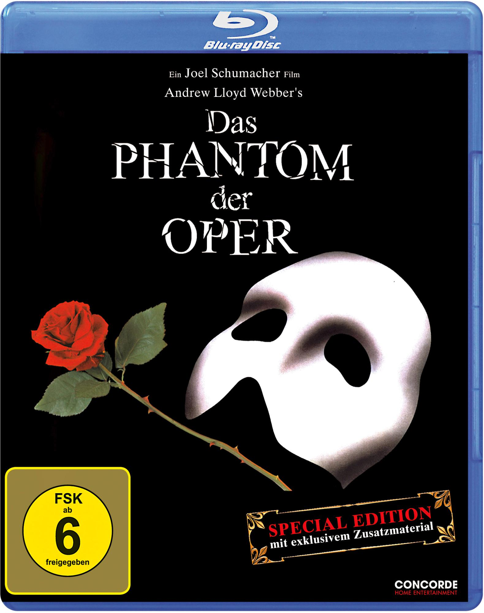 Blu-ray-Cover für 'Das Phantom der Oper' mit Rose und Maske auf schwarzem Hintergrund.