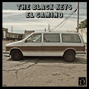 Albumcover von The Black Keys' El Camino, ein weißer Van mit braunen Verkleidungen auf einer Straße.