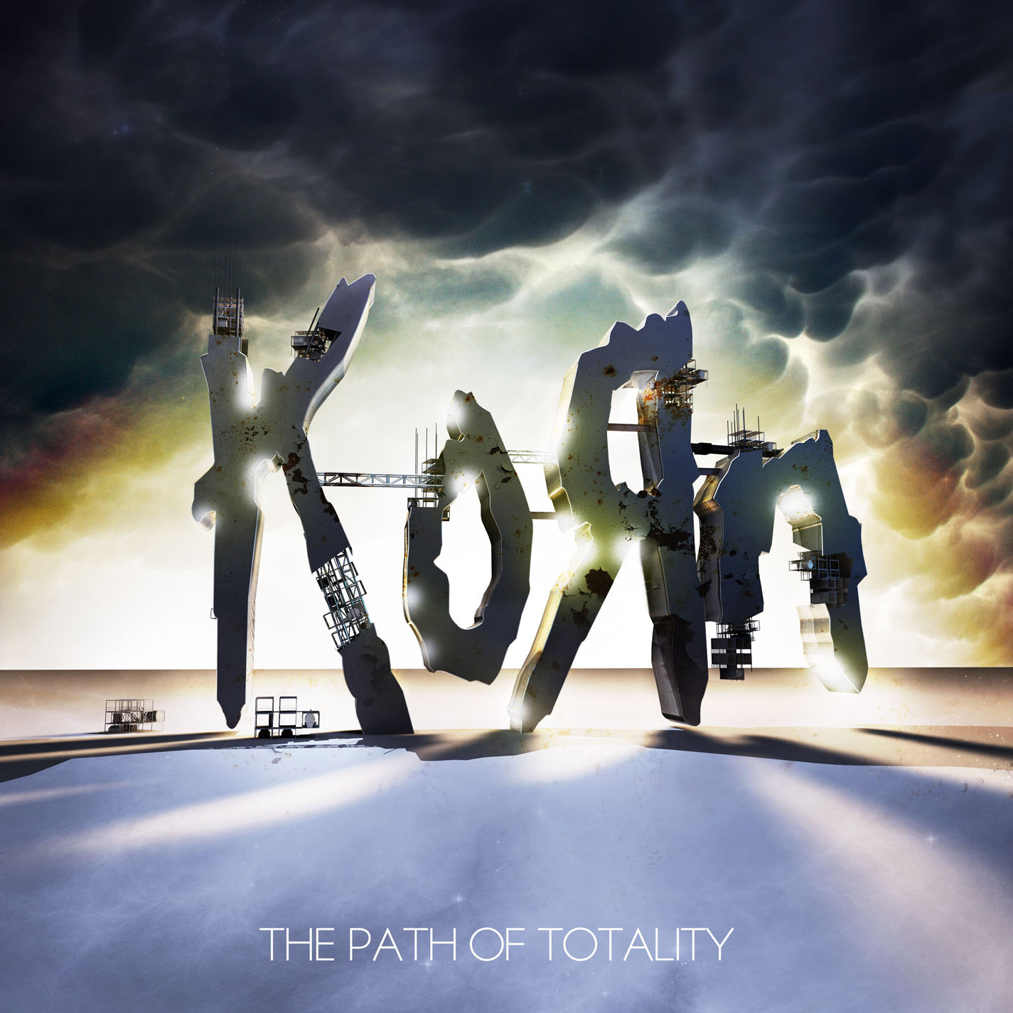 Albumcover: KOЯN in großen, strukturierten Buchstaben. Dunkler Himmel, Industriestrukturen, weißer Grund.