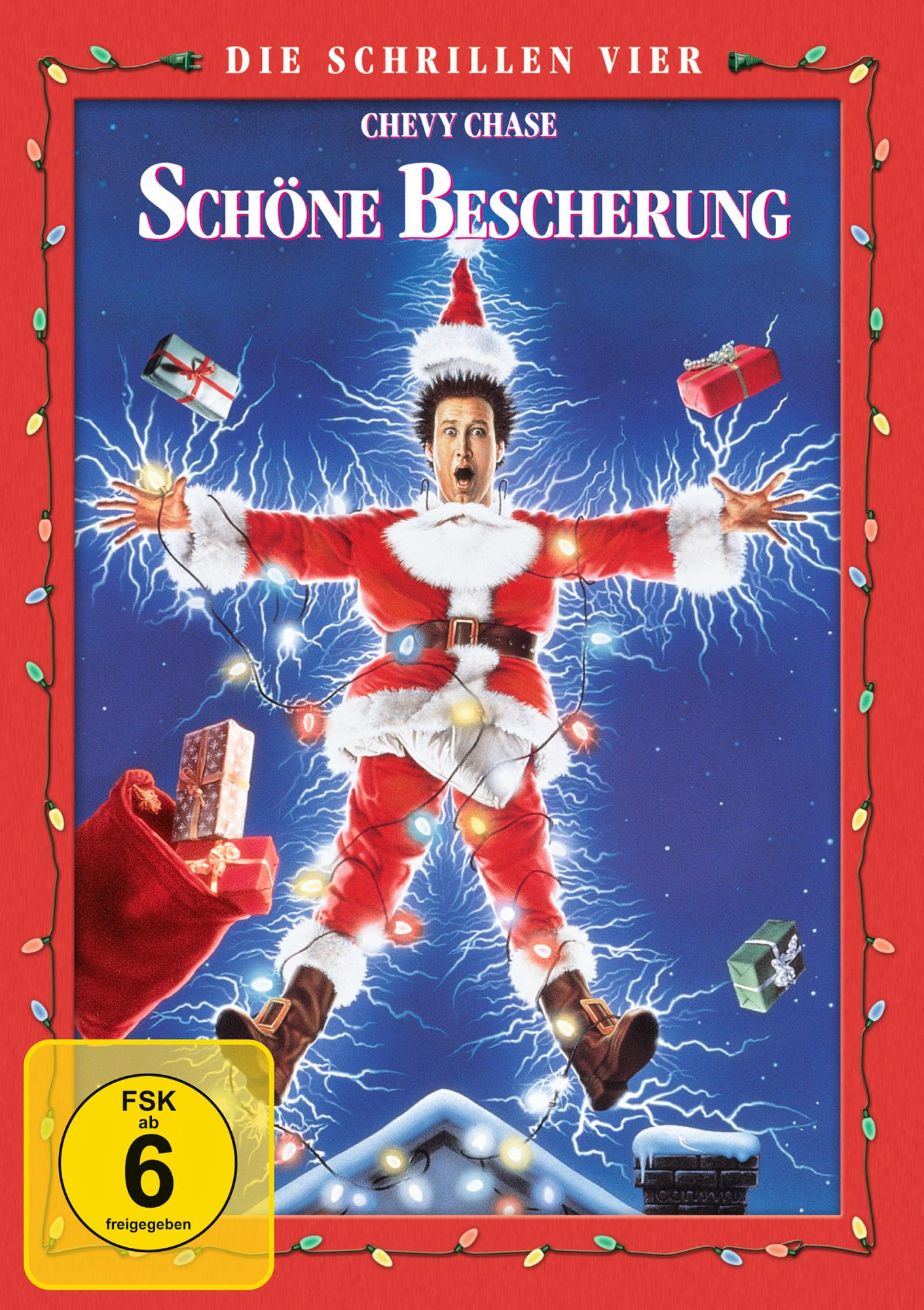 Schöne Bescherung Filmcover. Chevy Chase als Weihnachtsmann und Lichter.