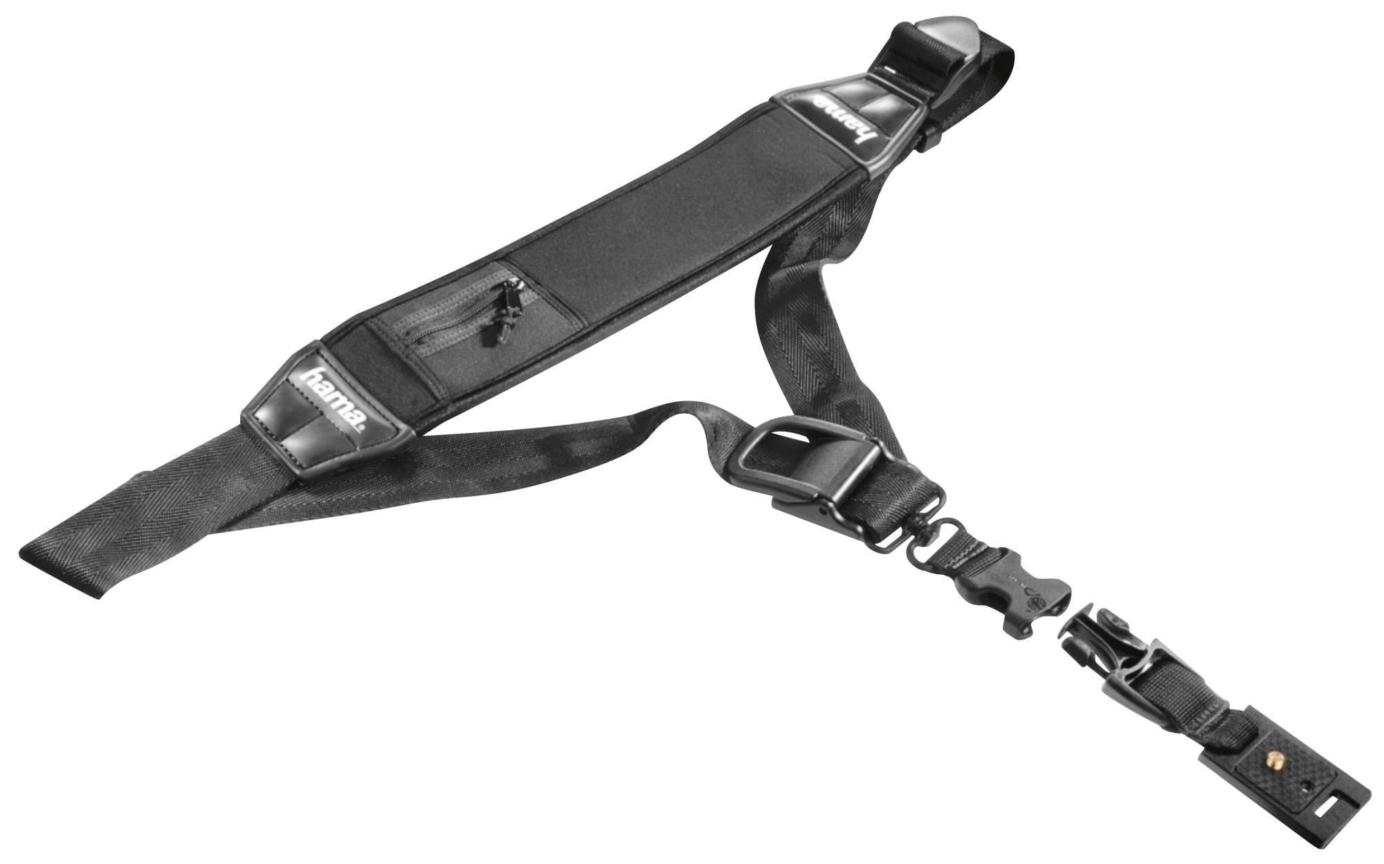 Sangle d'appareil photo noire avec boucles et la marque 'hama', sur fond blanc.