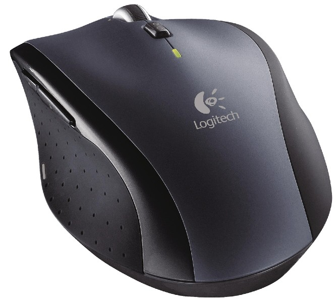 Kaydırma tekerleği ve Logitech logosu olan siyah ve gri bir Logitech fare.