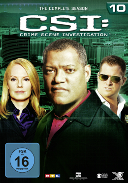 DVD-Cover mit drei Personen, die Hauptperson ist ein Mann. Text: CSI: Crime Scene Investigation.