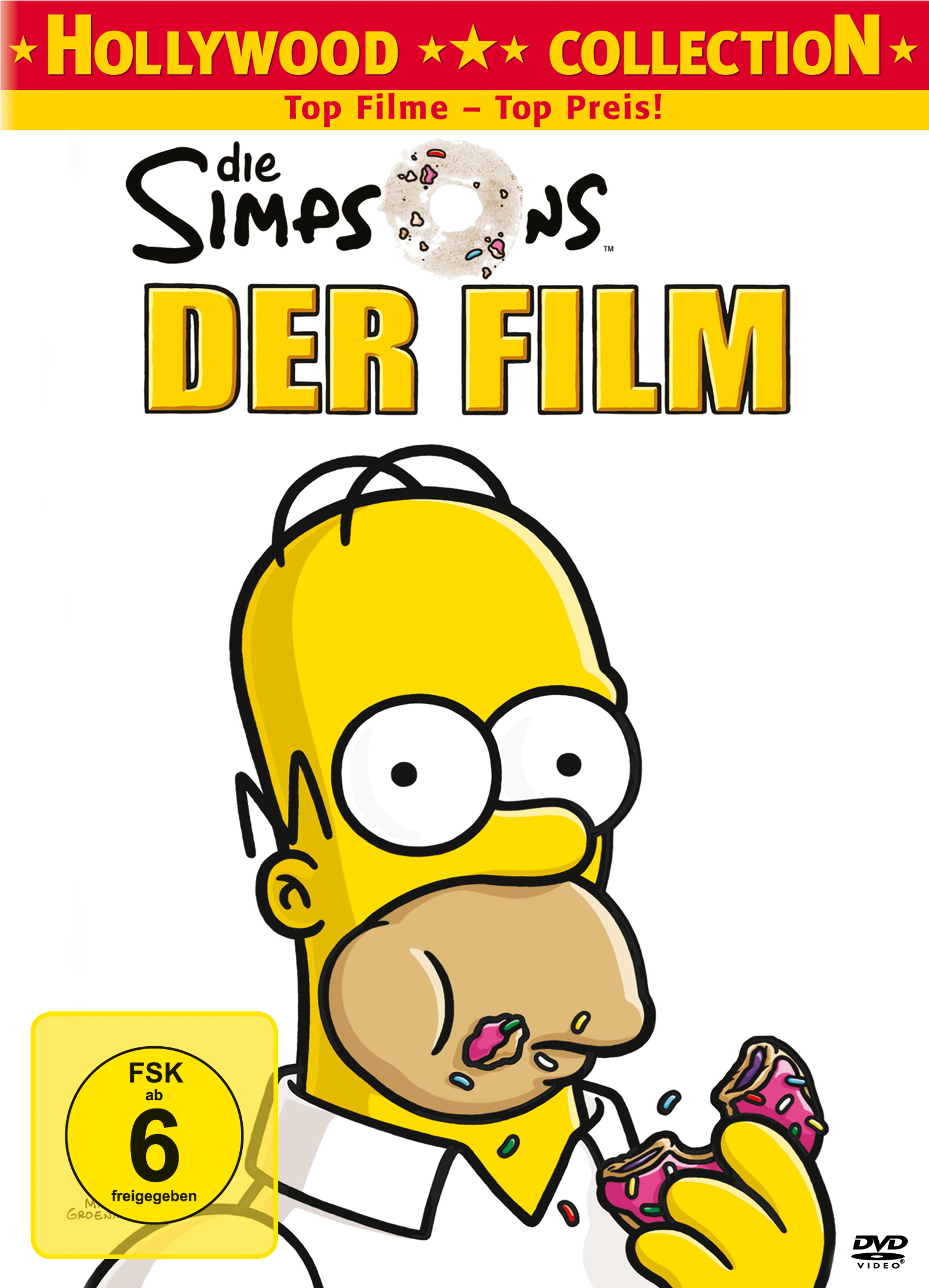 The Simpsons Der Film DVD-Cover. Homer Simpson isst einen Donut. Gelber Hintergrund.