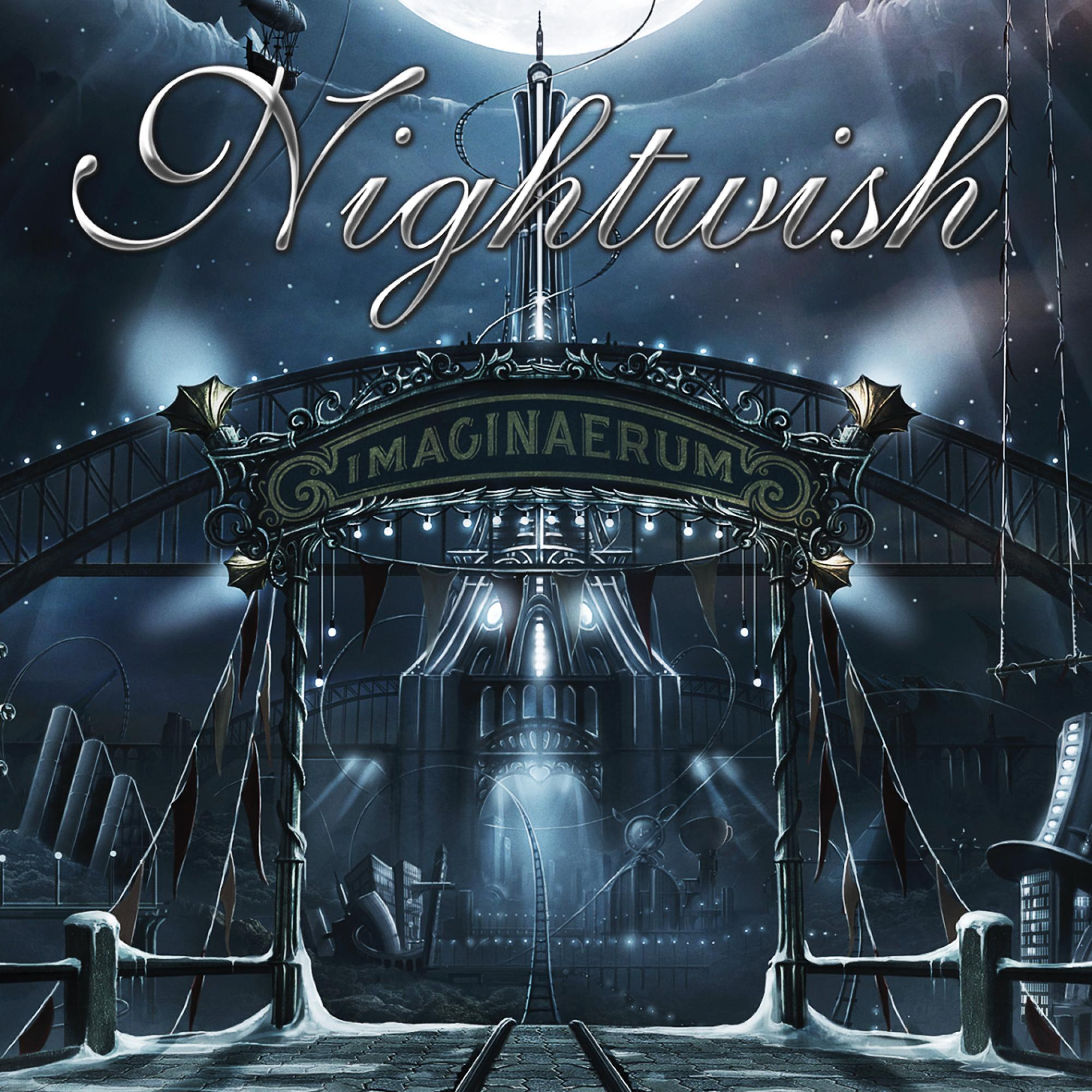 Fantasiebild eines Tores mit Text Nightwish; Vollmond und Achterbahn im Hintergrund.