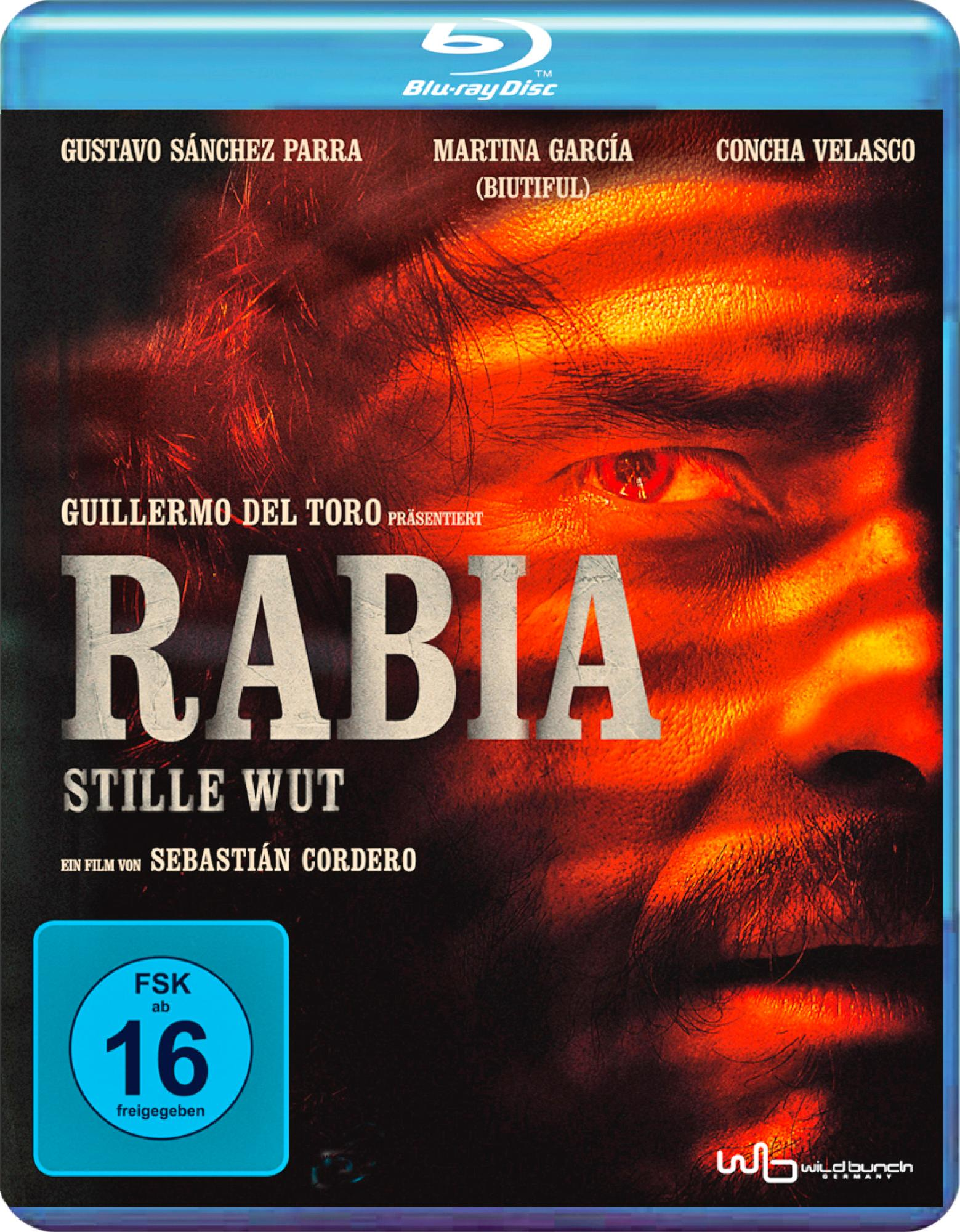 Filmcover mit dem Gesicht eines Mannes mit feurigem Hintergrund und dem Titel „Rabia“. Der Mann hat einen entschlossenen Blick.
