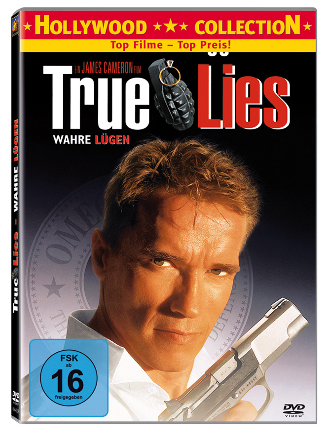 DVD-Cover: 'True Lies'. Arnold Schwarzenegger mit einer Waffe, einer Bombe und Filmtitel.