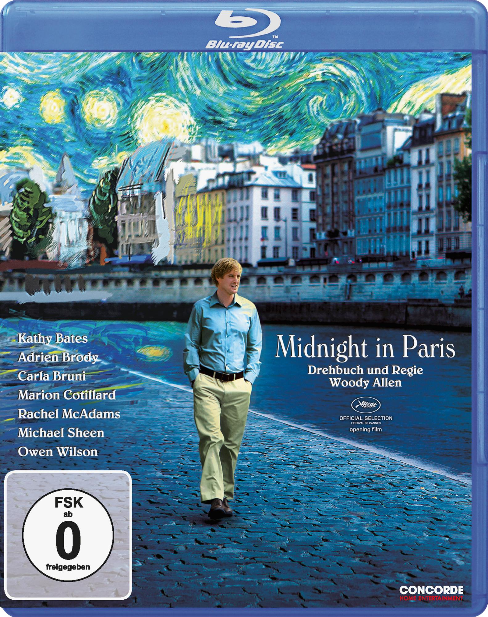 Filmplakat 'Midnight in Paris'. Es zeigt einen Mann, der auf einer Straße geht. Der Hintergrund zeigt einen Nachthimmel mit Sternen und Gebäuden.