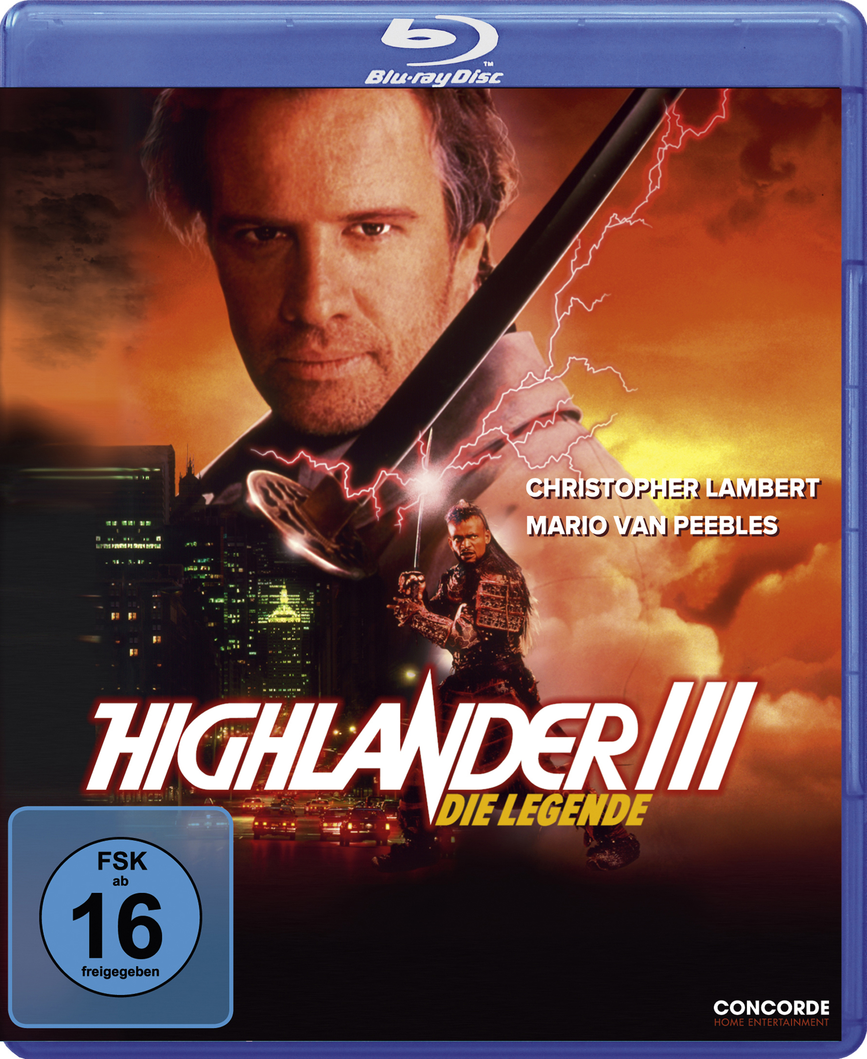 Highlander III Blu-ray Cover. Christopher Lambert mit einem Schwert kämpft gegen einen Mann.