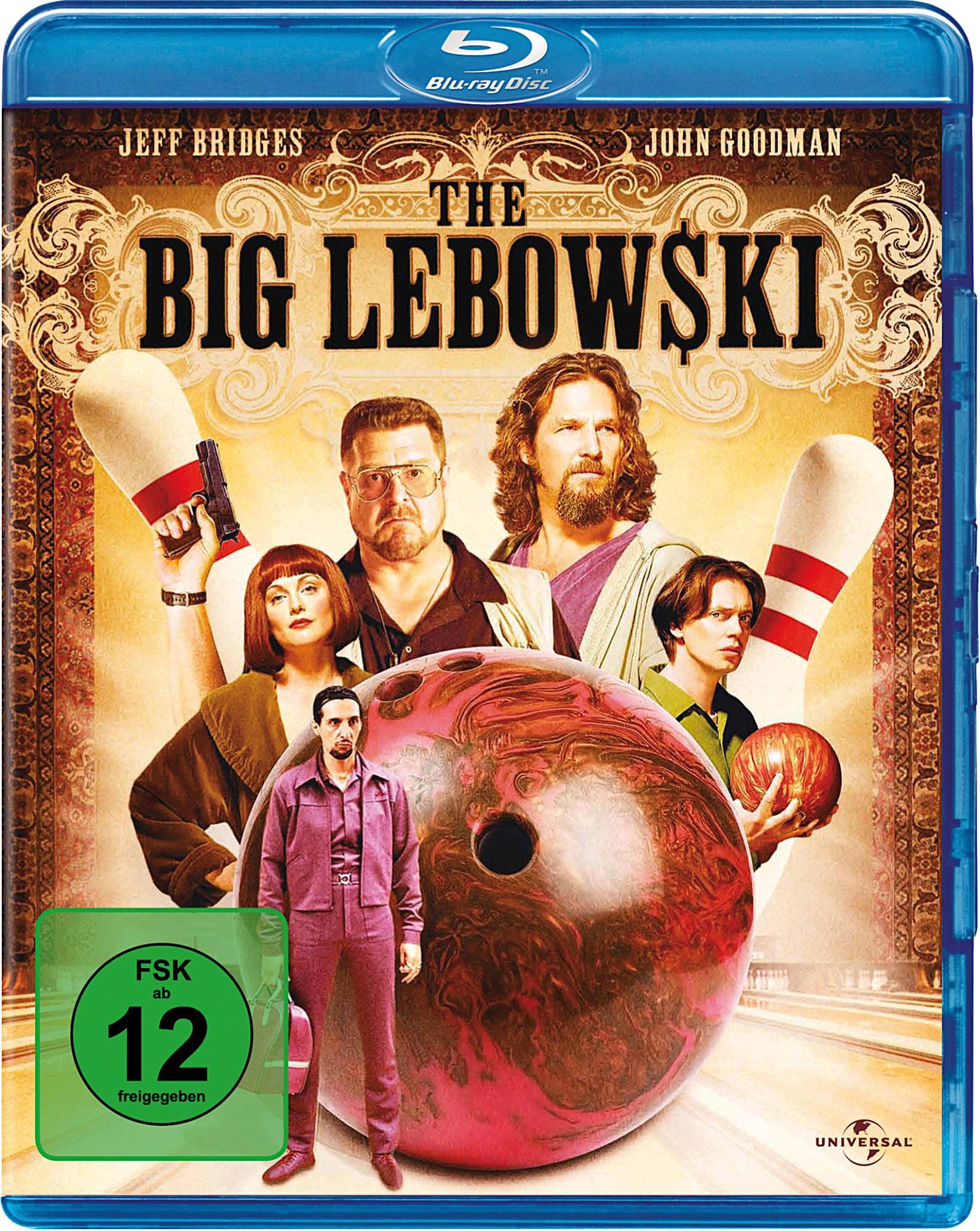 Blu-ray-Cover von "The Big Lebowski" mit Fotos der Besetzung, einer Bowlingkugel und Kegeln.