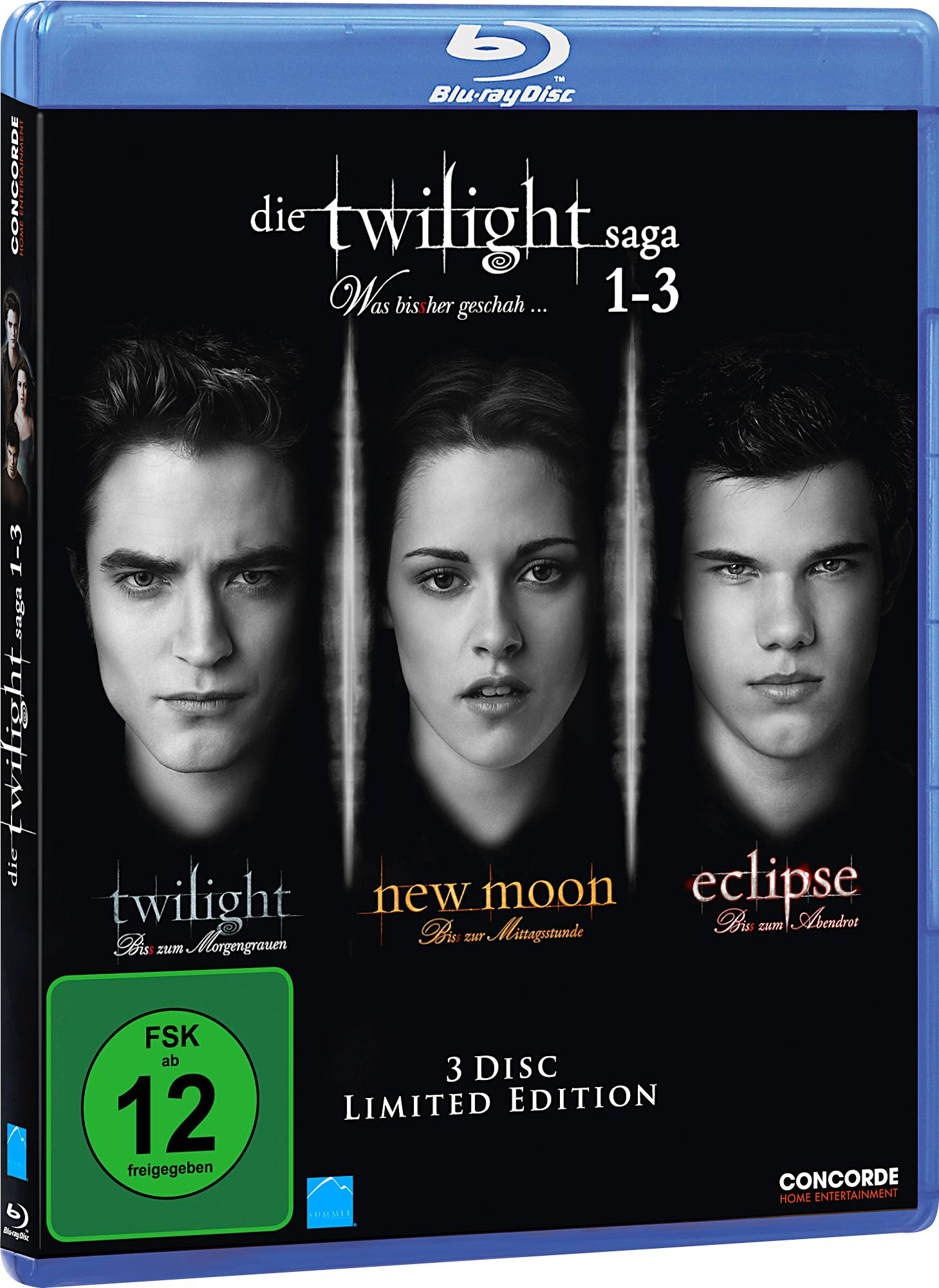 Twilight Saga DVD-Cover. Drei Gesichter von Schauspielern und der Text 'die twilight saga'.