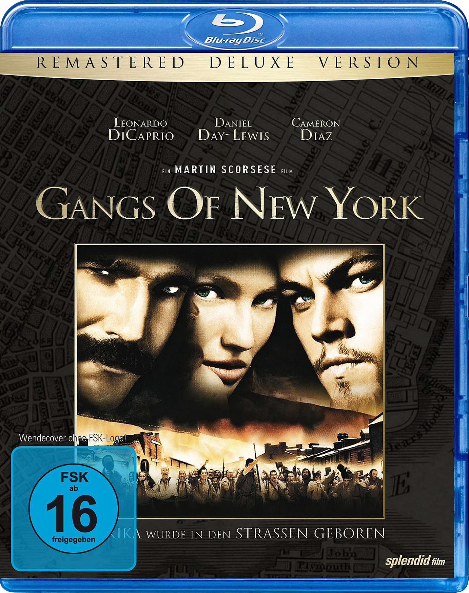 Blu-ray-Cover für Gangs of New York. Drei Männergesichter, Gebäude und Text auf blauem Hintergrund.