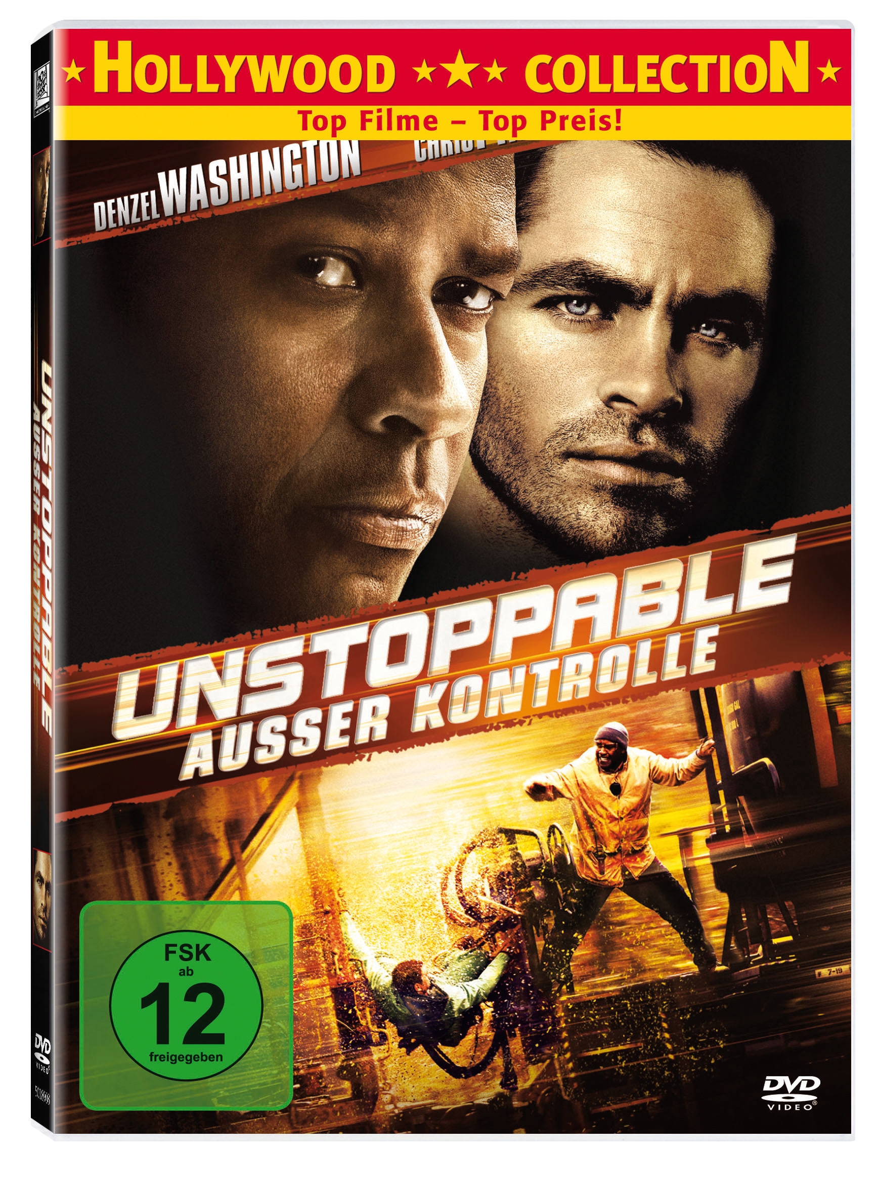 DVD-Cover von Unstoppable. Denzel Washington und Chris Pine sind zu sehen. Ein Mann ist auf einem Zug.