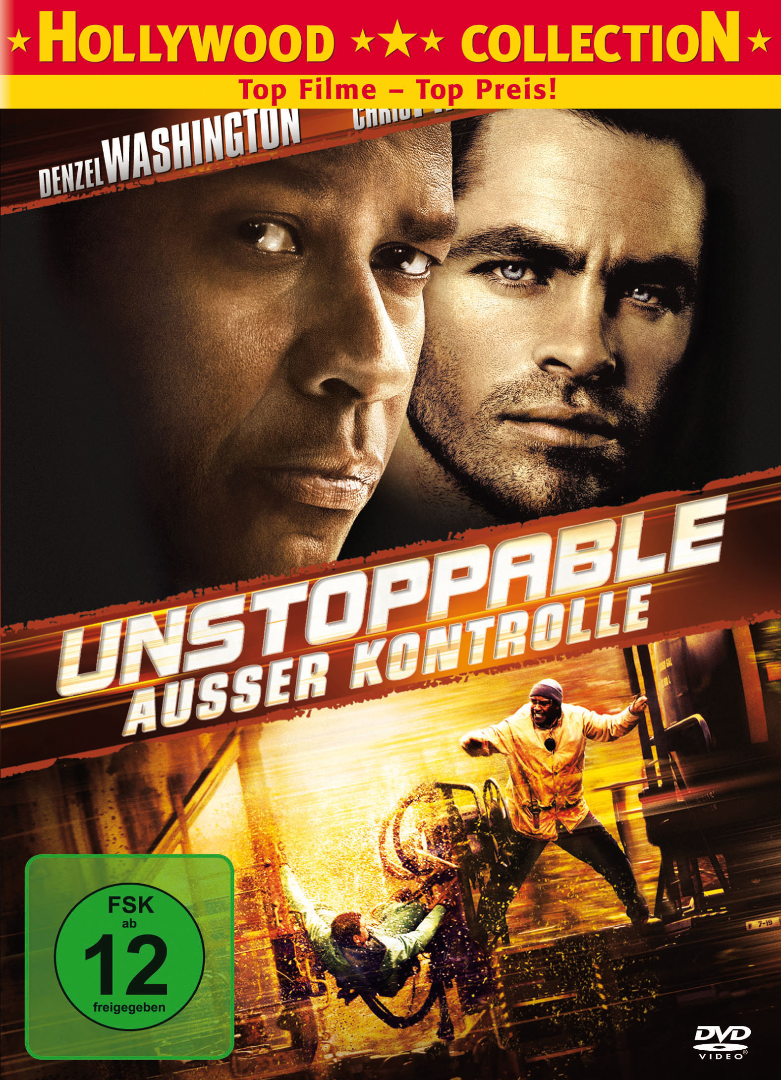 Filmplakat: Denzel Washington und Chris Pine schauen sich an. Titel: Unstoppable.