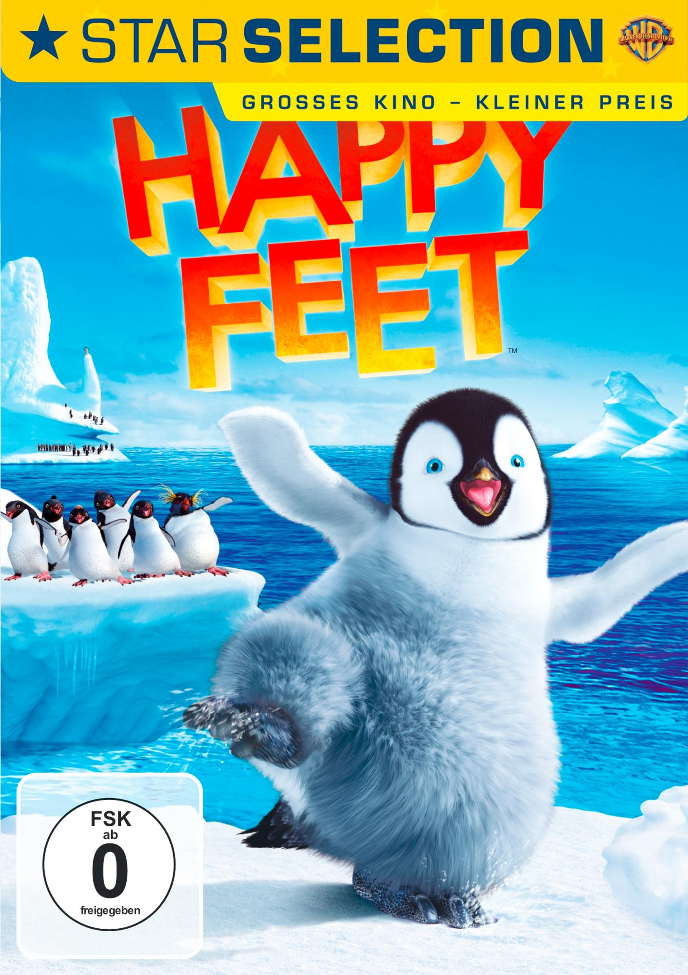 Happy Feet DVD-Cover. Ein Cartoon-Pinguin mit offenen Armen steht vor anderen Pinguinen.