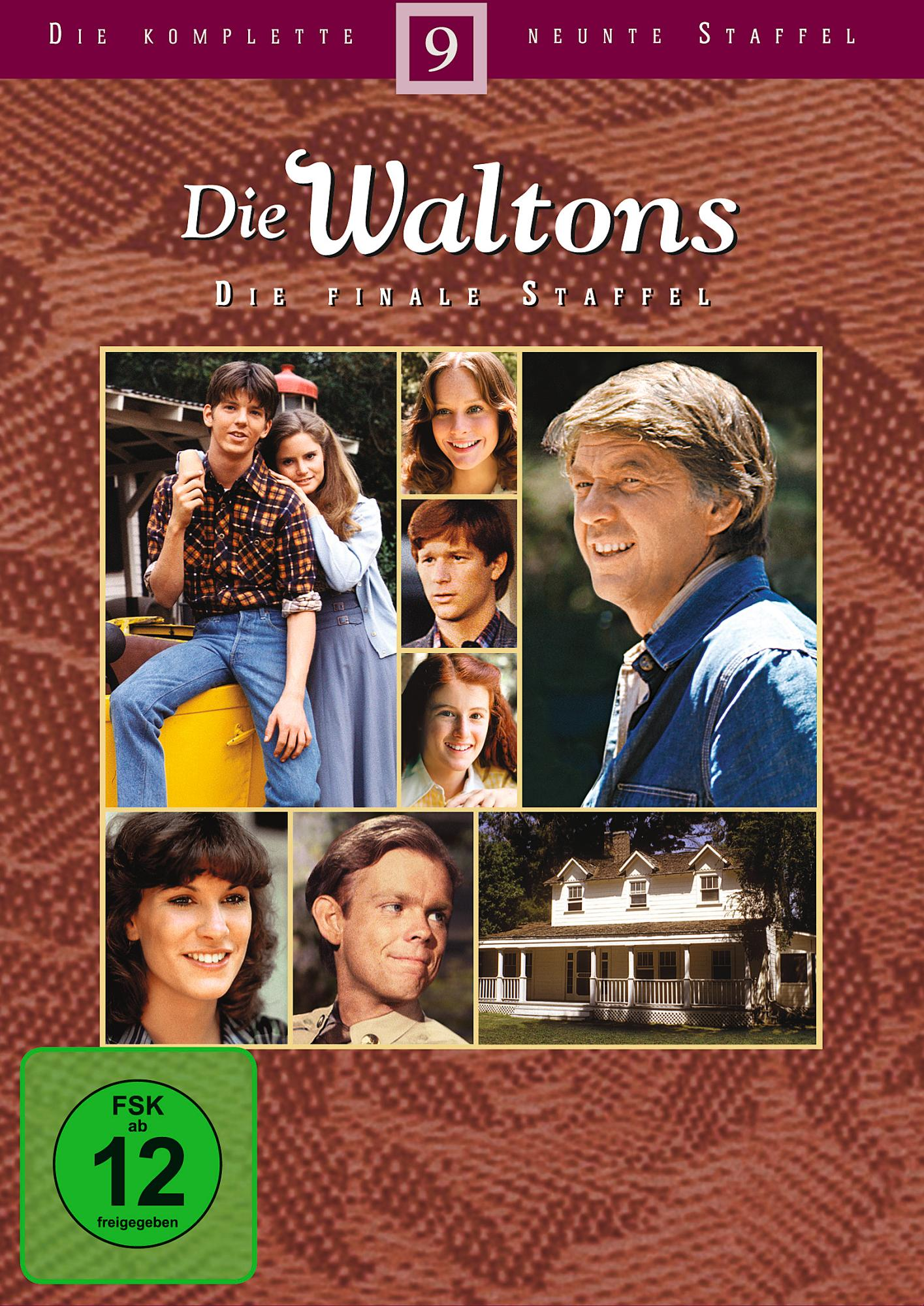 The Waltons DVD-Cover. Personengruppe vor einem Haus. Grüner Baum und Titeltext.
