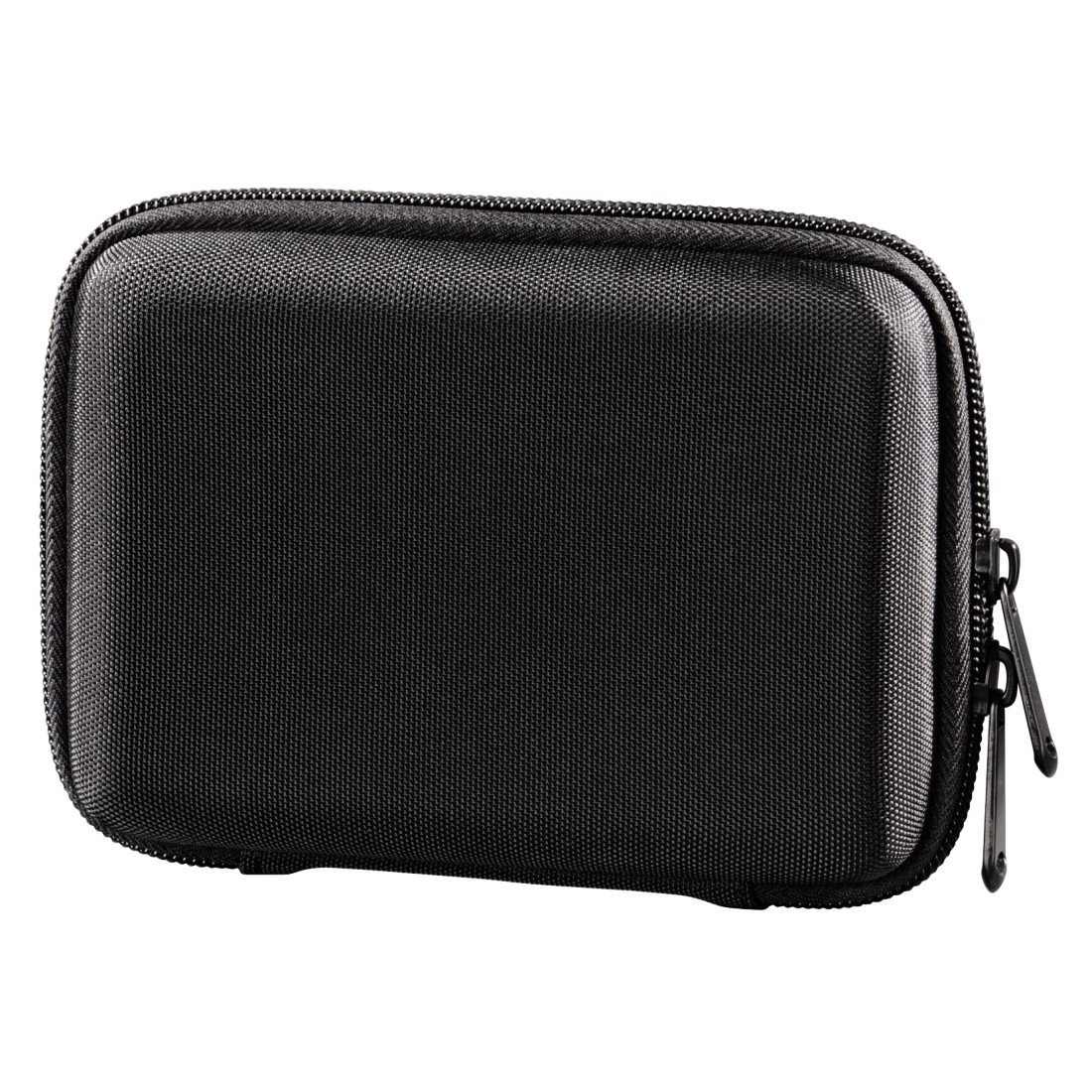 Un astuccio rettangolare nero con cerniera. L'astuccio è chiuso. Ha una superficie strutturata. Lo sfondo è bianco.