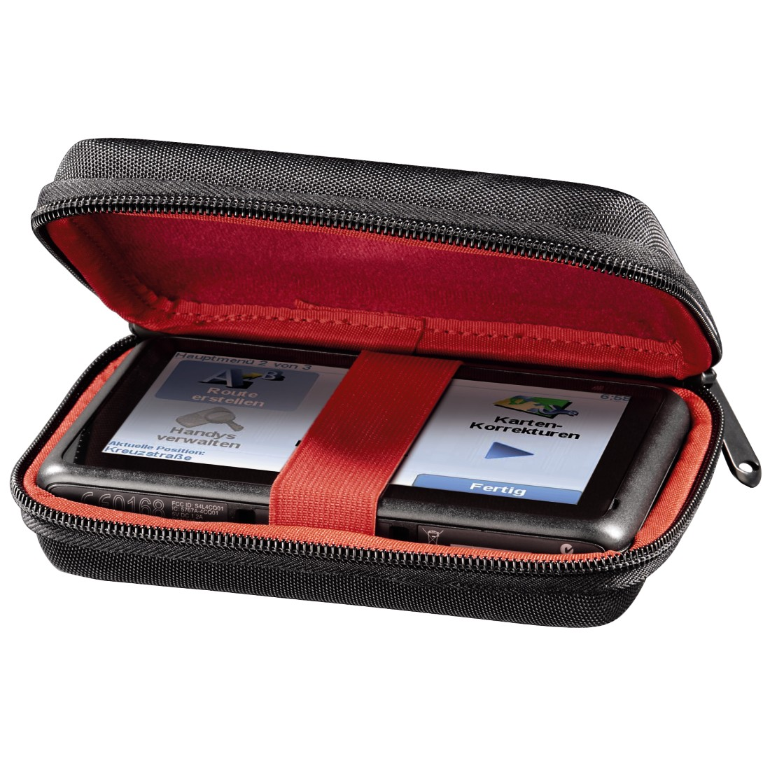 Custodia da viaggio nera e rossa con dispositivo GPS. La custodia è aperta, mostrando il dispositivo.