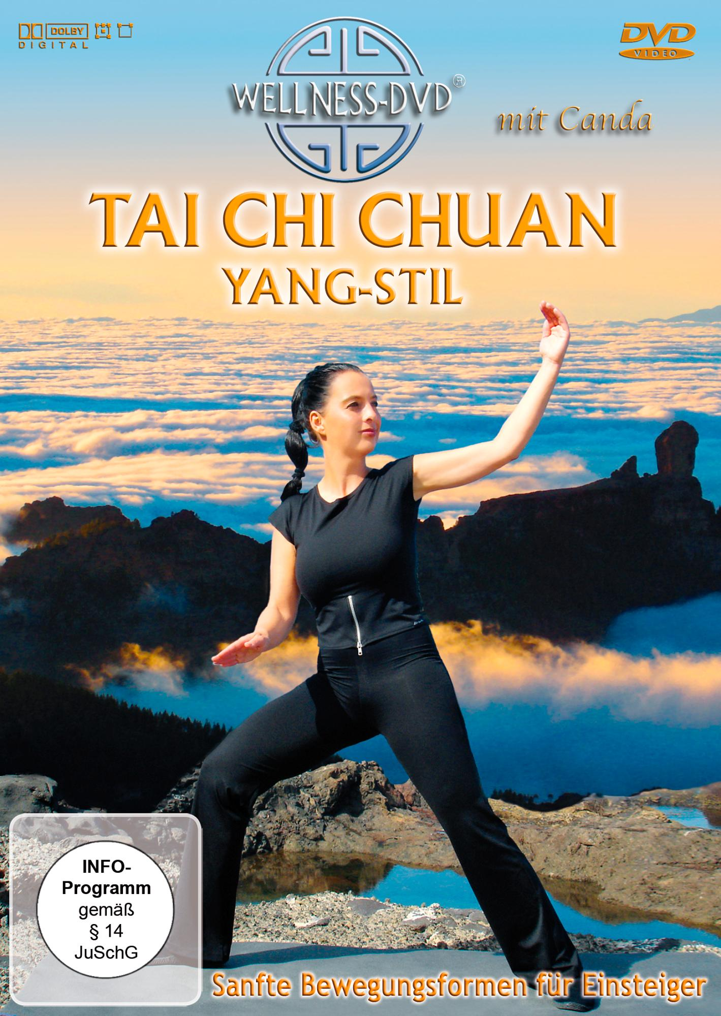 DVD-Cover: Frau in schwarzem Outfit führt Tai Chi vor einem Sonnenuntergang aus. Der DVD-Titel lautet 'Tai Chi Chuan Yang-Stil'.