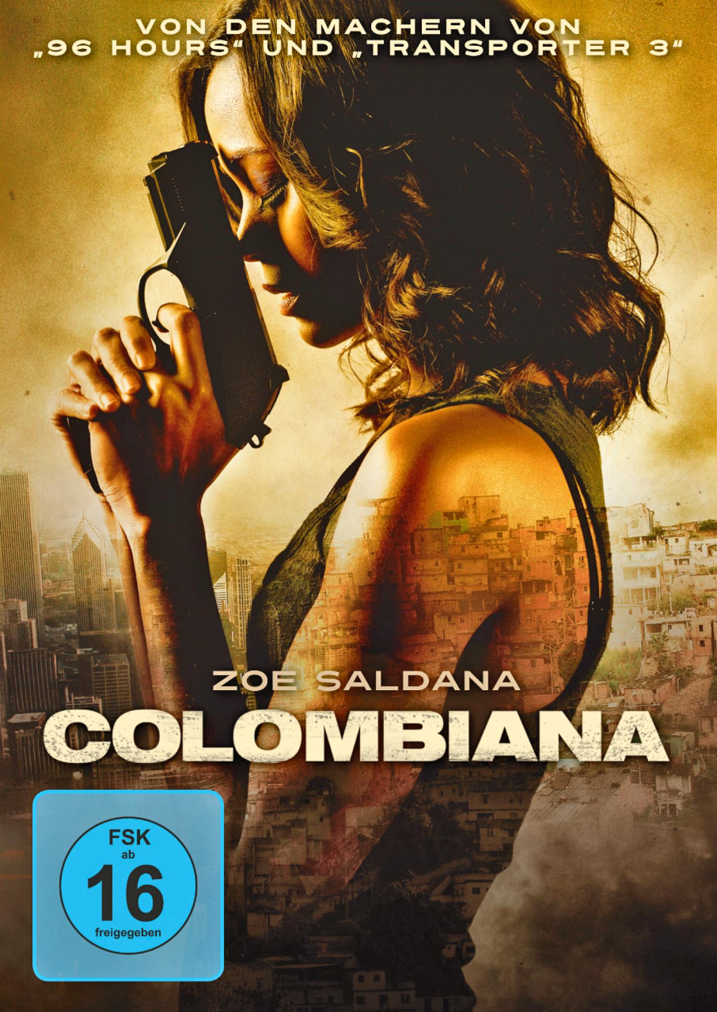 Filmposter für Colombiana mit Zoe Saldana, die eine Waffe hält, mit einer Stadtlandschaft im Hintergrund.