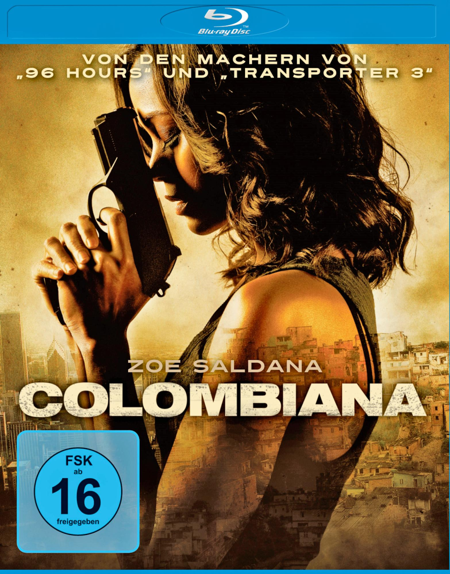 Frau hält eine Pistole, im Hintergrund eine Stadt und Gebäude. Der Titel lautet Colombiana.