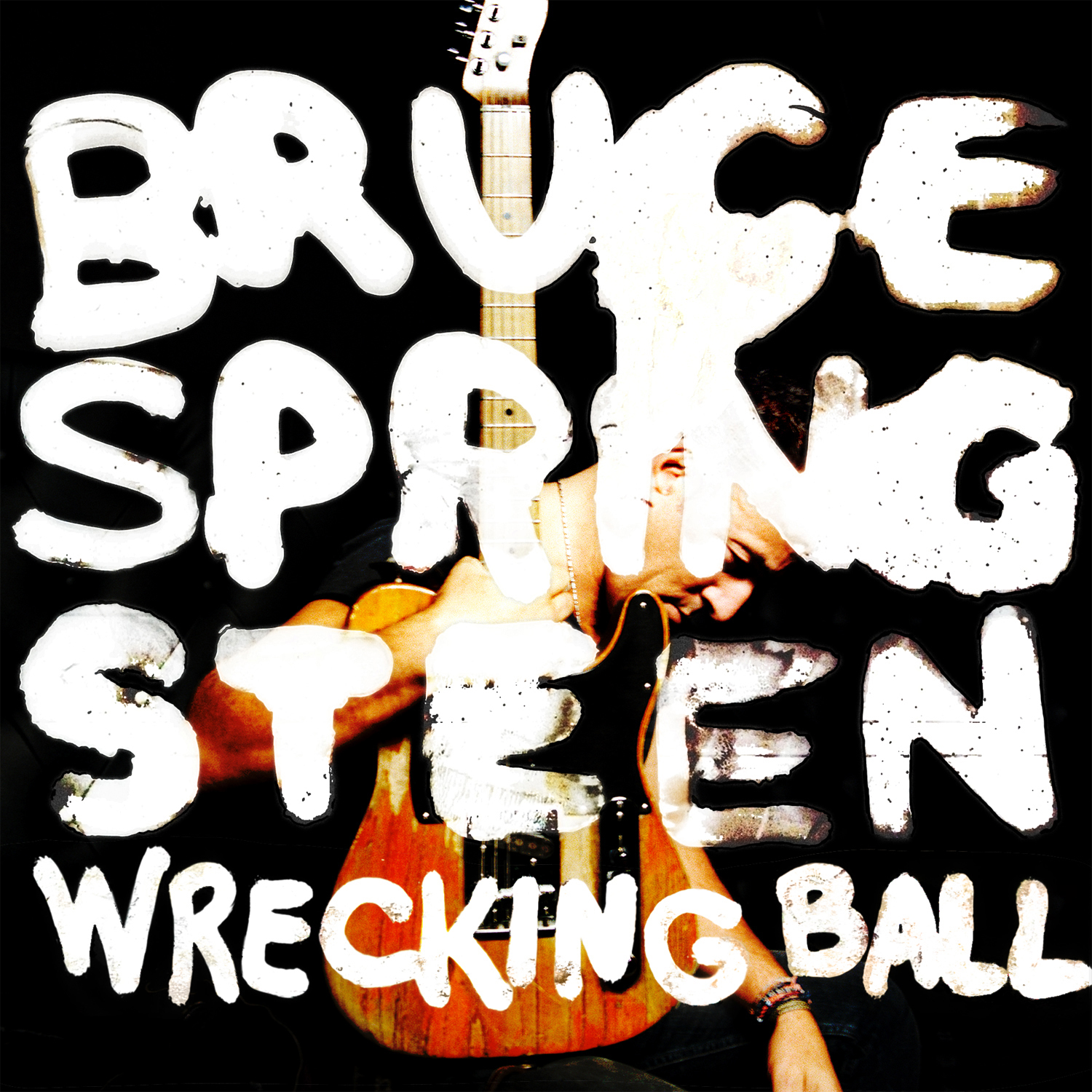 Bruce Springsteen 'Wrecking Ball' Albumcover, weißer Text auf dunklem Hintergrund mit Gitarre.