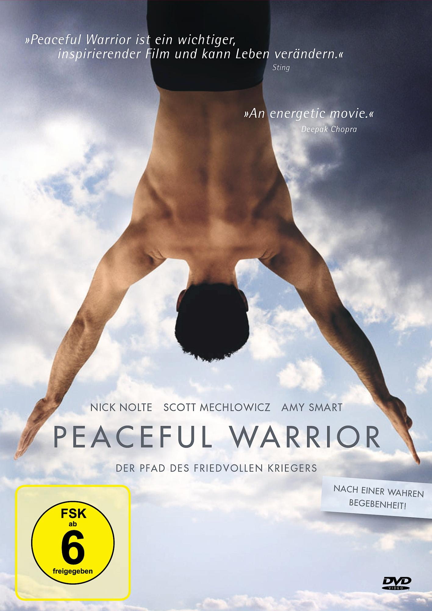 DVD-Cover für 'Peaceful Warrior' mit einem Mann kopfüber.