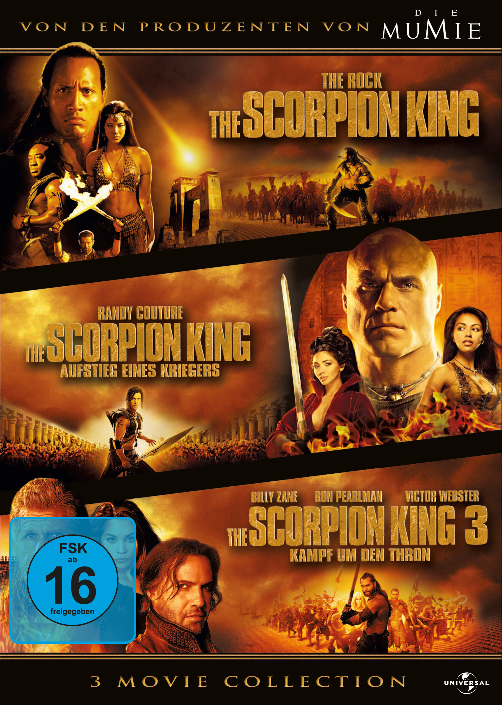 DVD-Hülle mit drei Filmcovern: Die Scorpion King-Trilogie, mit The Rock und anderen.
