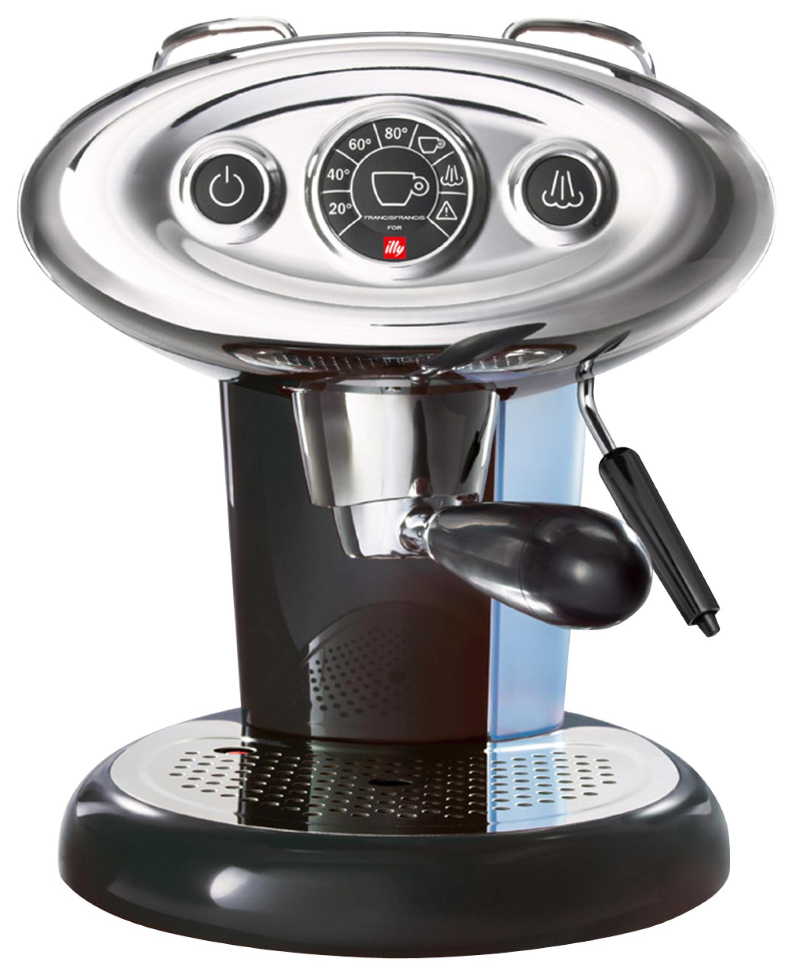 Eine Chrom- und schwarze Illy Espressomaschine mit Knöpfen, Anzeige und Siebträger.