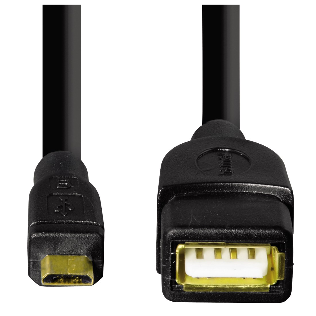 Fekete USB-kábel két különböző véggel. Az egyik egy kis USB, a másik egy standard USB.