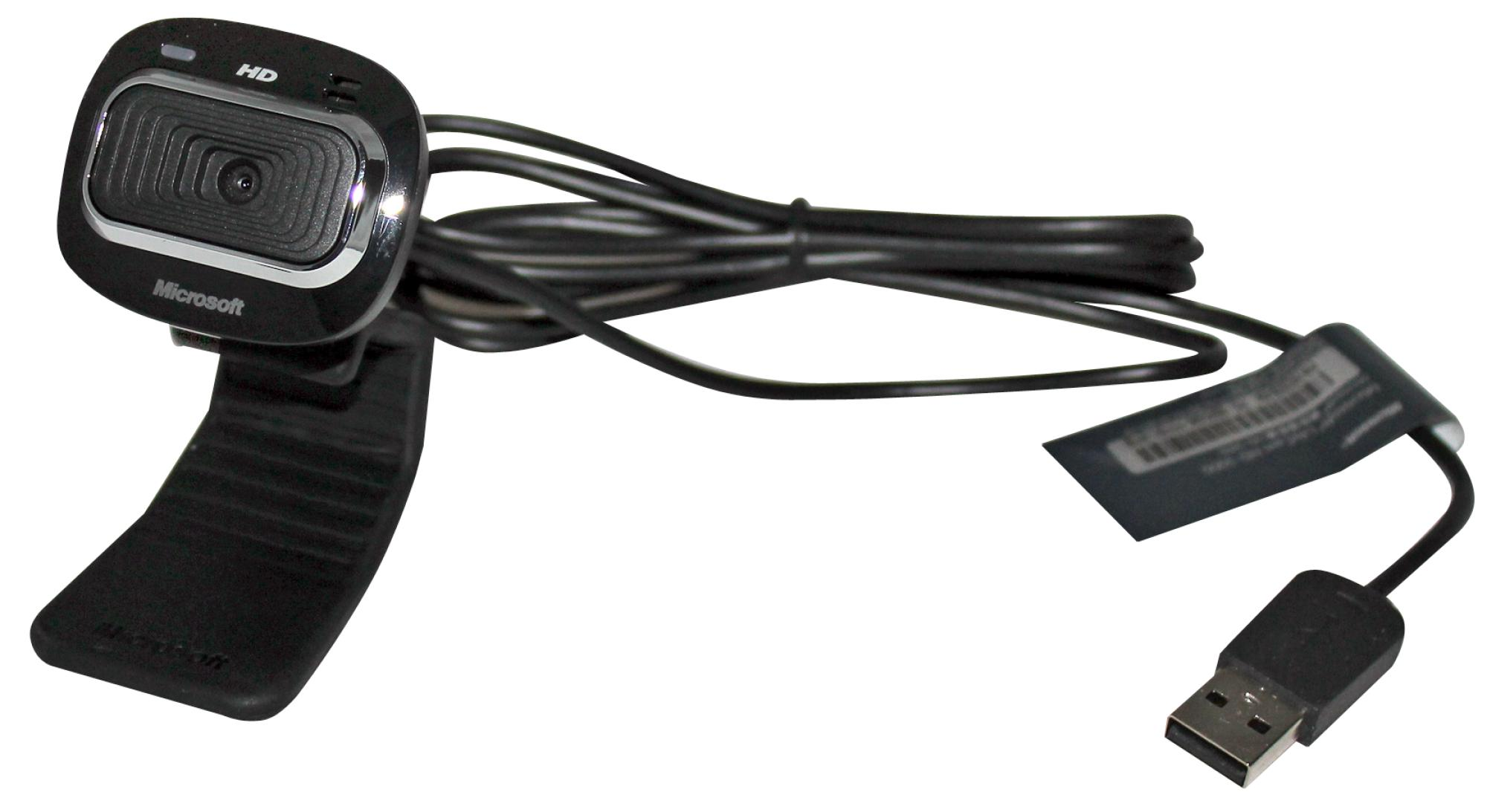 Schwarze Microsoft-Webcam mit HD-Label. Sie hat ein USB-Kabel und einen Clip.