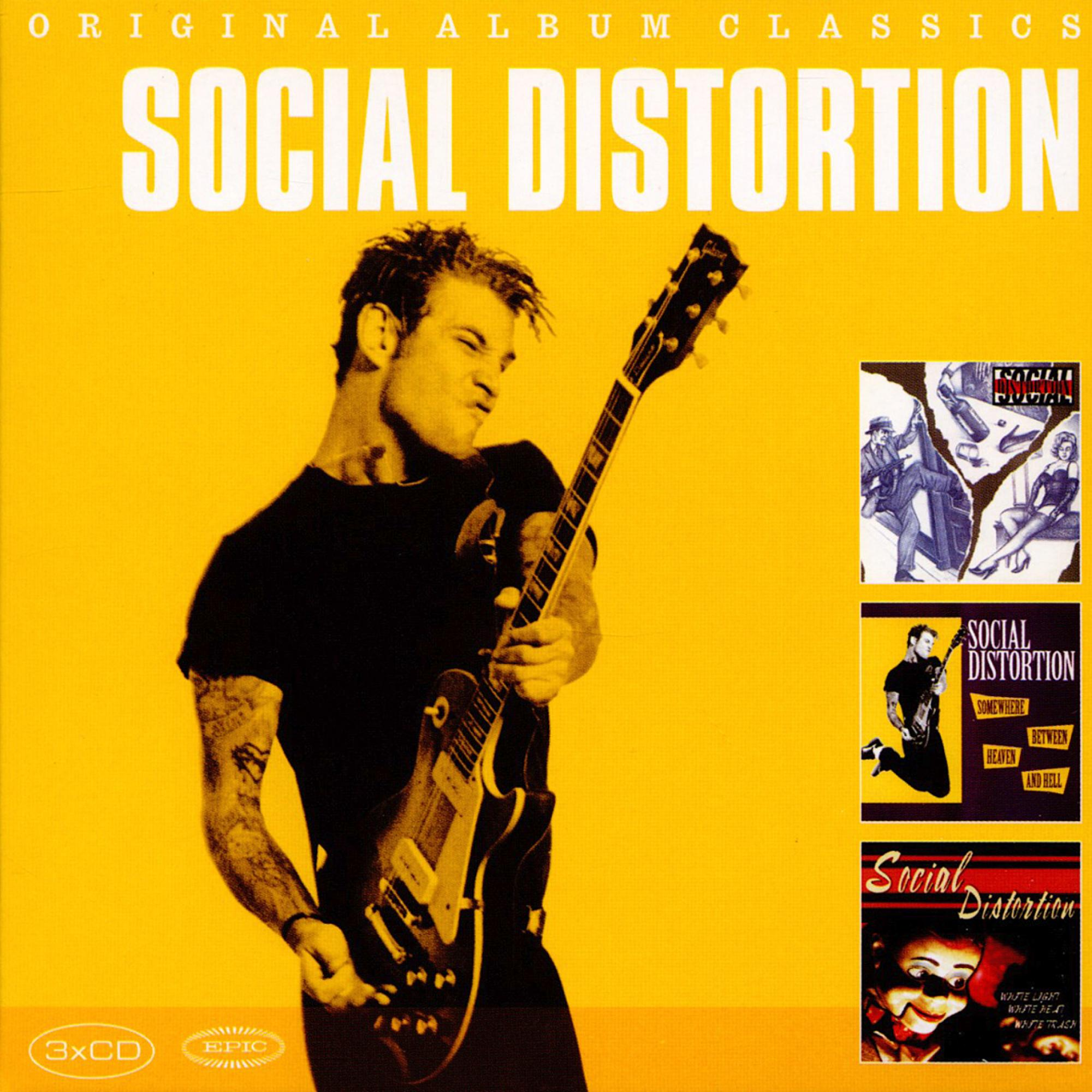 Albumcover für Social Distortion. Ein Mann mit Gitarre auf gelbem Hintergrund mit anderen Albumcovern.