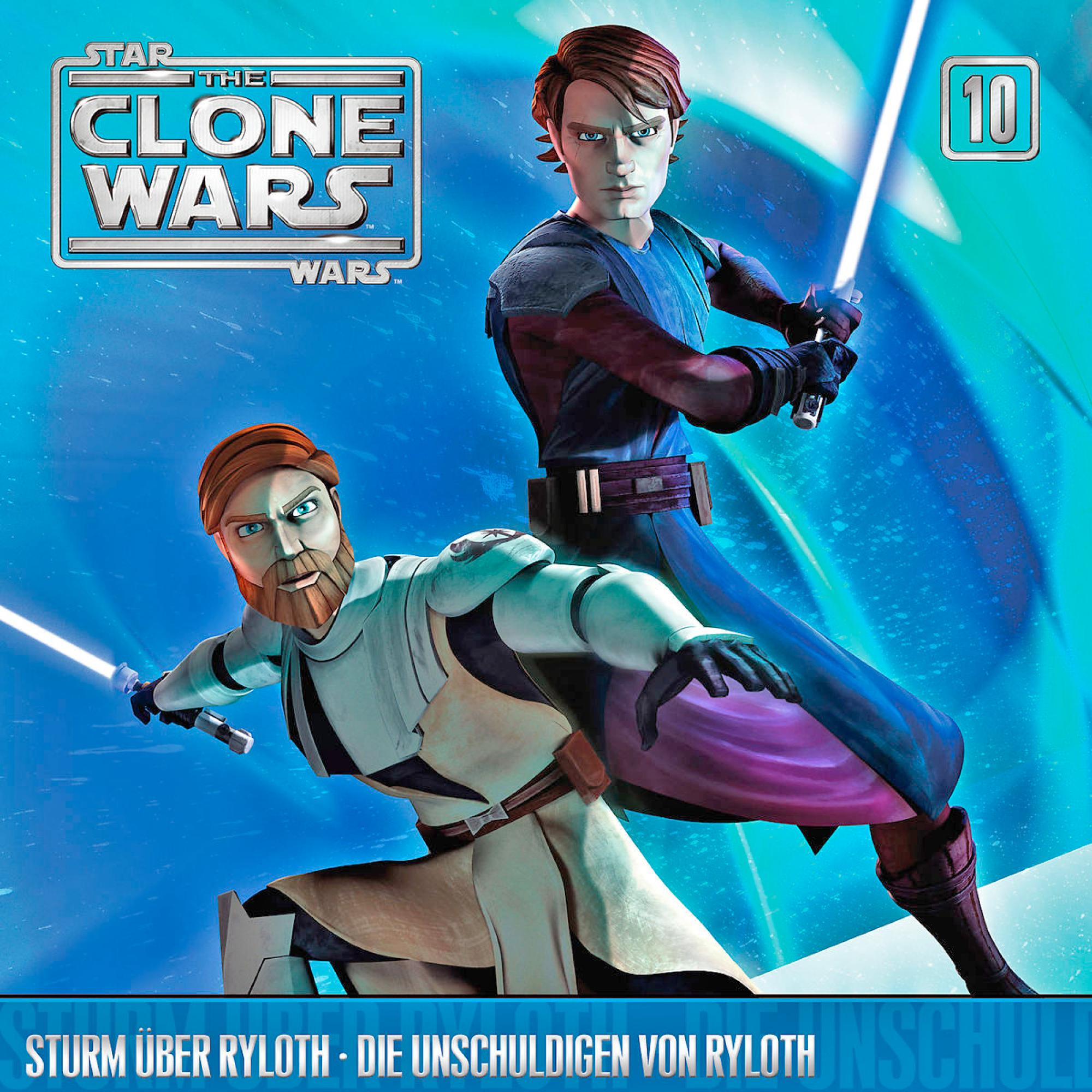 Zwei Figuren mit Lichtschwertern aus Star Wars. Eine im Vordergrund, die andere dahinter. Blauer Hintergrund.