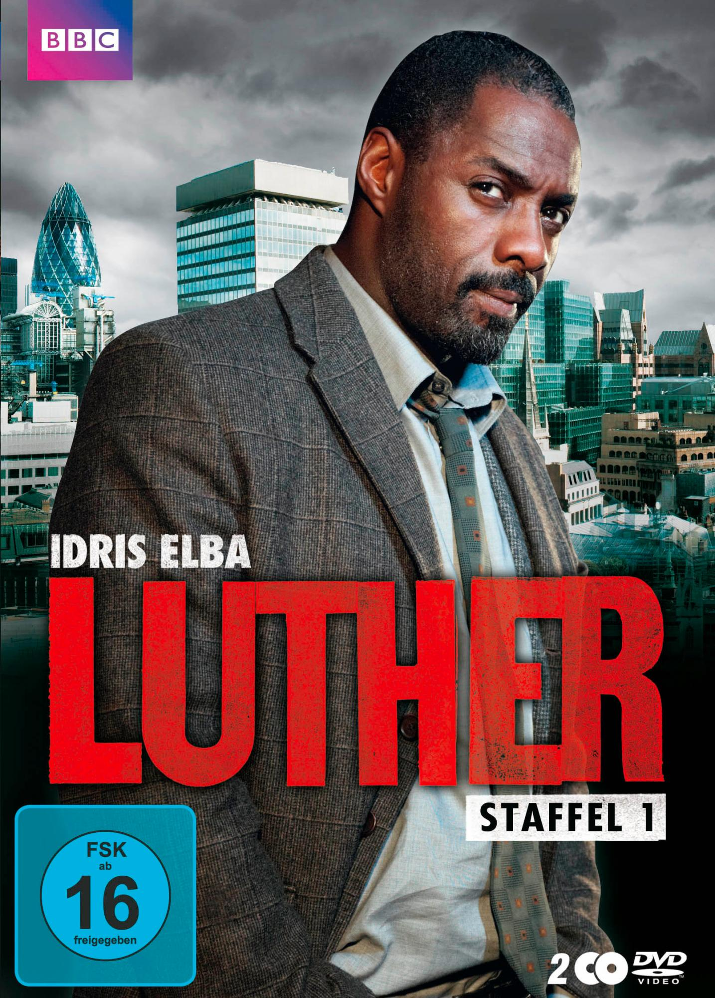 DVD-Cover mit Idris Elba, Text 'LUTHER' und einem Stadtlandschaft-Hintergrund.