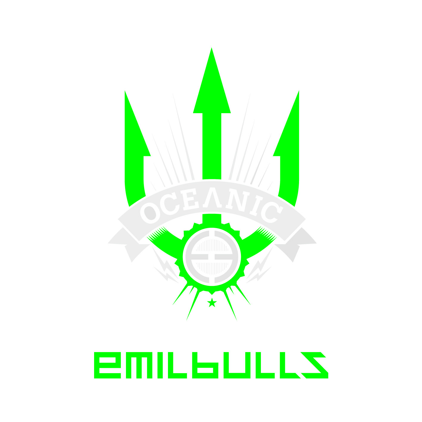 Ein weißer Hintergrund mit einem grünen Dreizack-Logo. Der Text lautet 'OCEANIC' und 'EMILBULLS'.