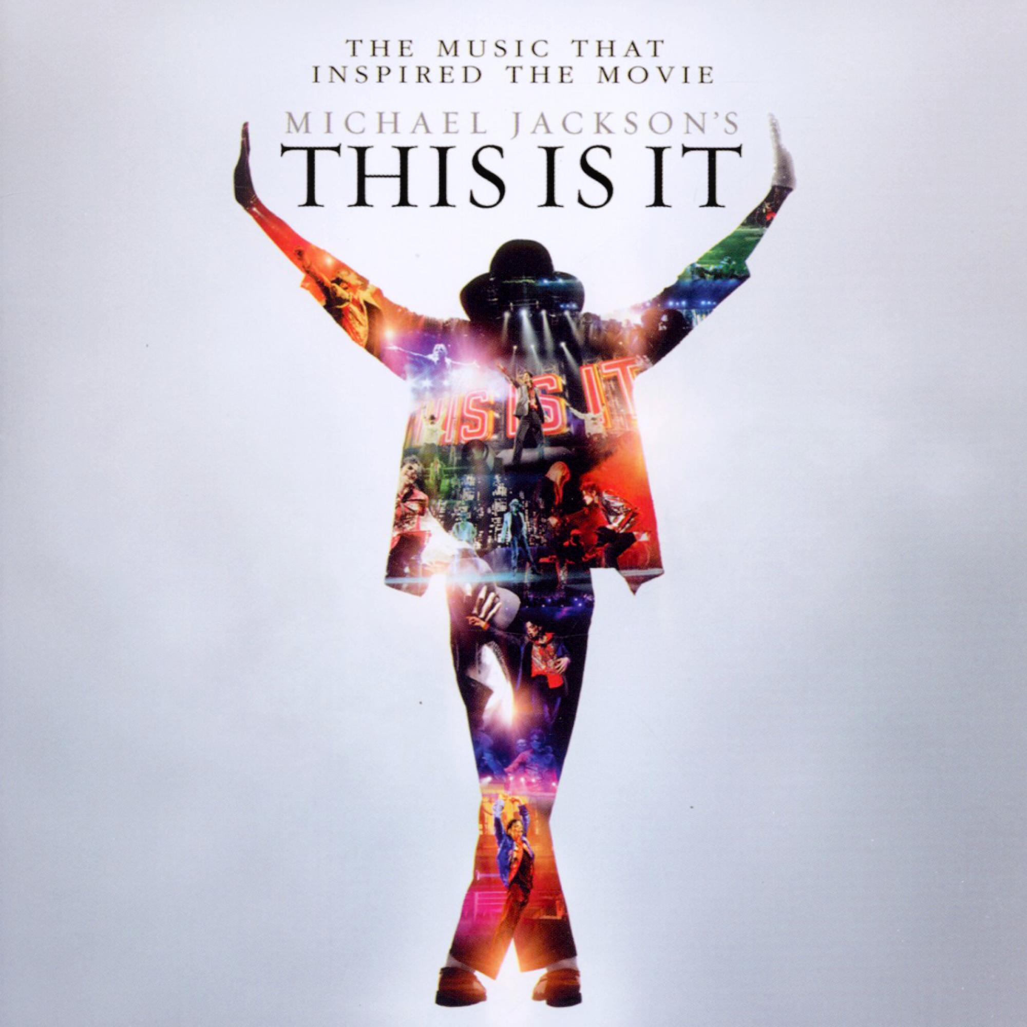 Albumcover von Michael Jackson, seine Körperform mit Bildern gefüllt und dem Titel 'This Is It'.