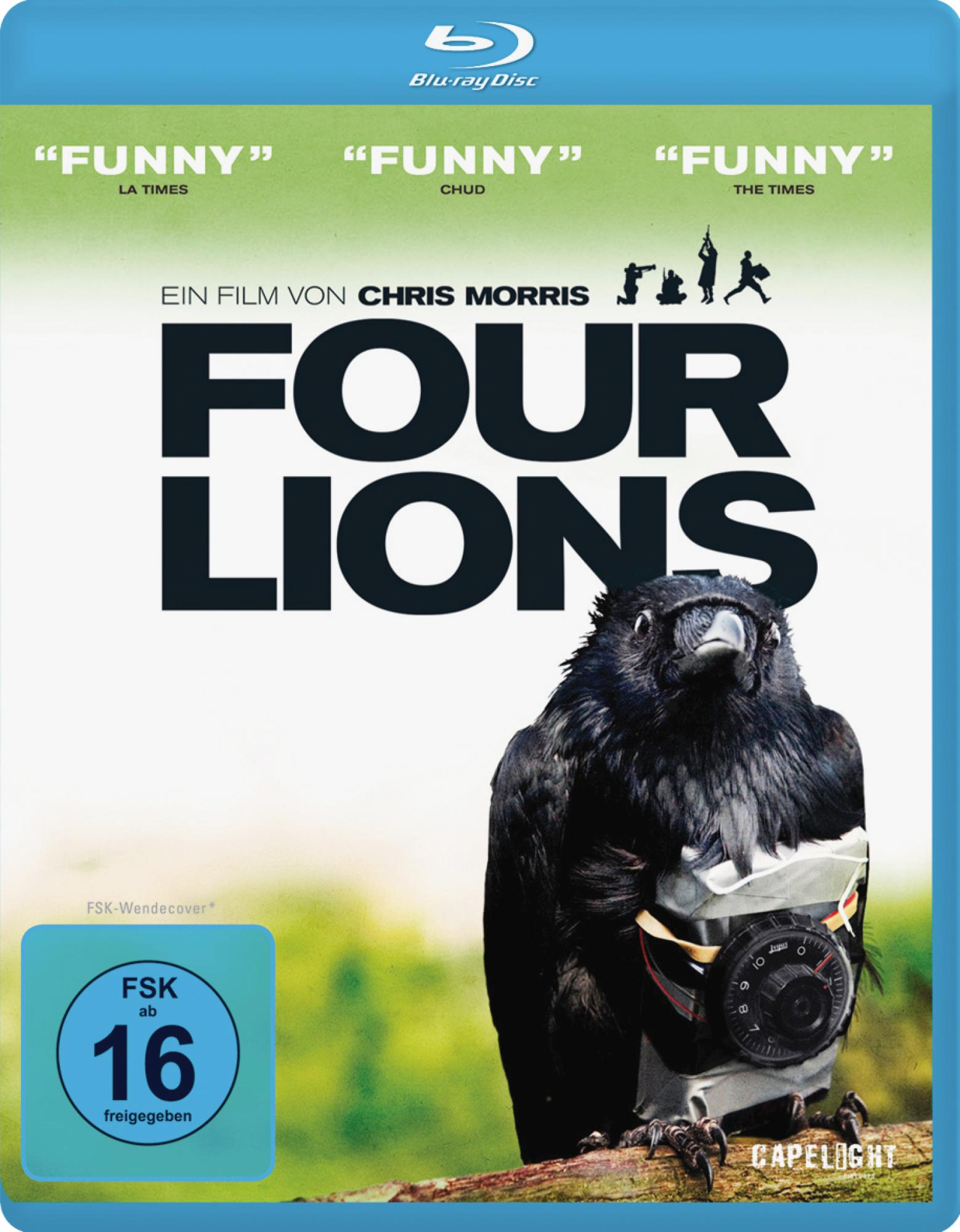 Blu-ray-Cover für 'Four Lions' mit einem Raben, der eine Bombe trägt, Text und einem grünen Logo.