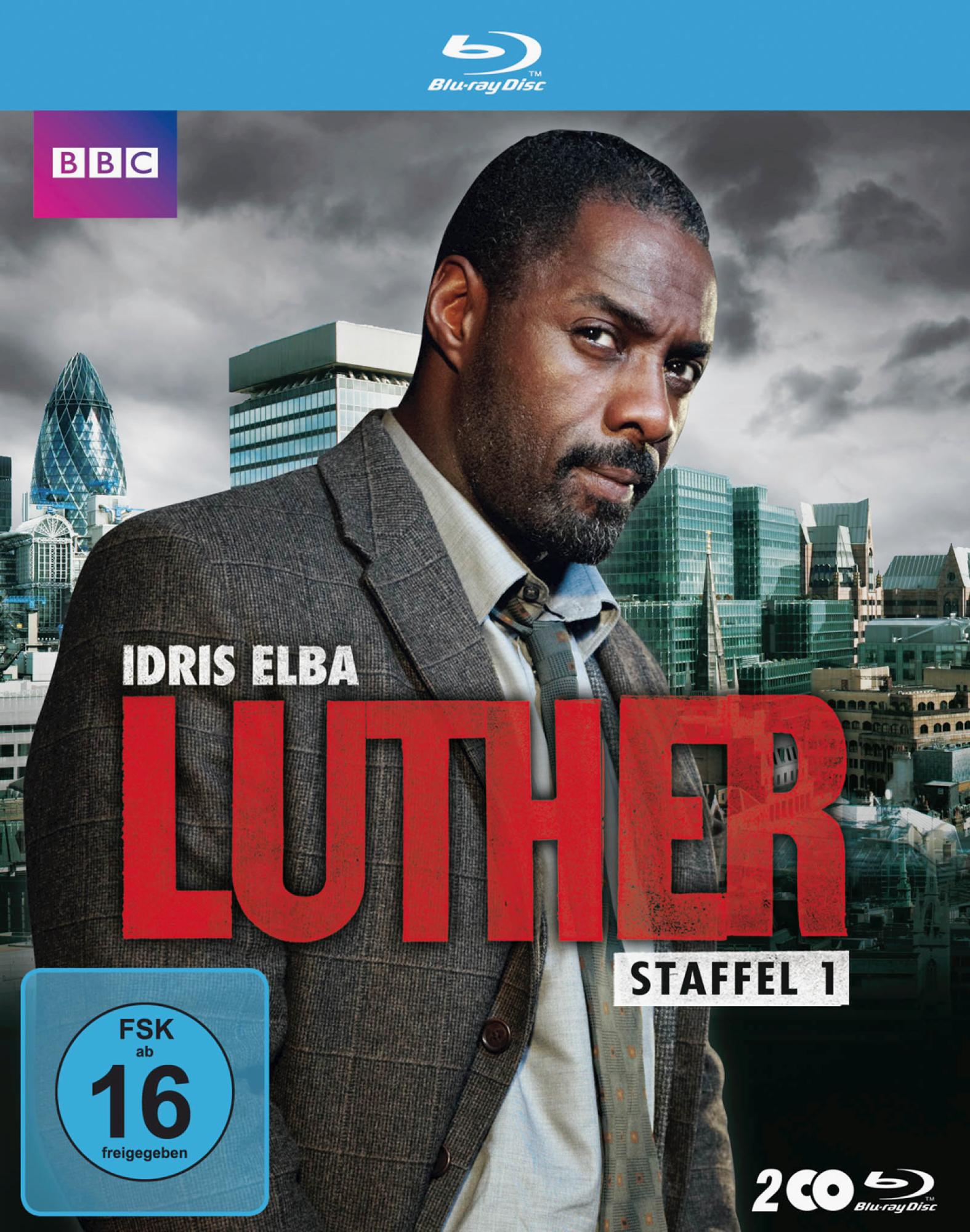 Luther Staffel 1 Blu-ray Cover. Idris Elba auf dem Cover, Stadtlandschaft im Hintergrund.