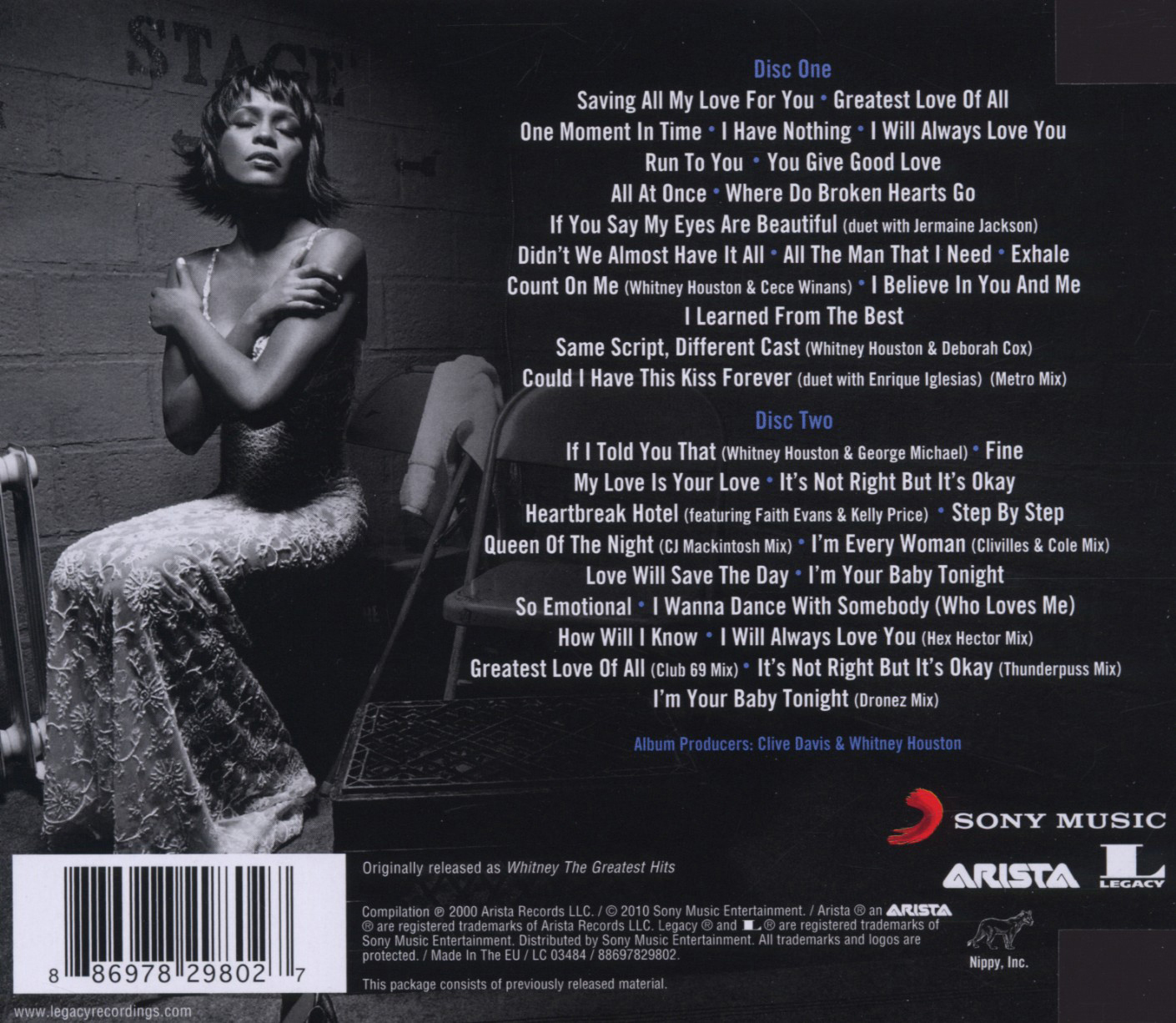 Rückseite des Whitney Houston Albums. Ein Foto von ihr in der Mitte, Trackliste rechts.