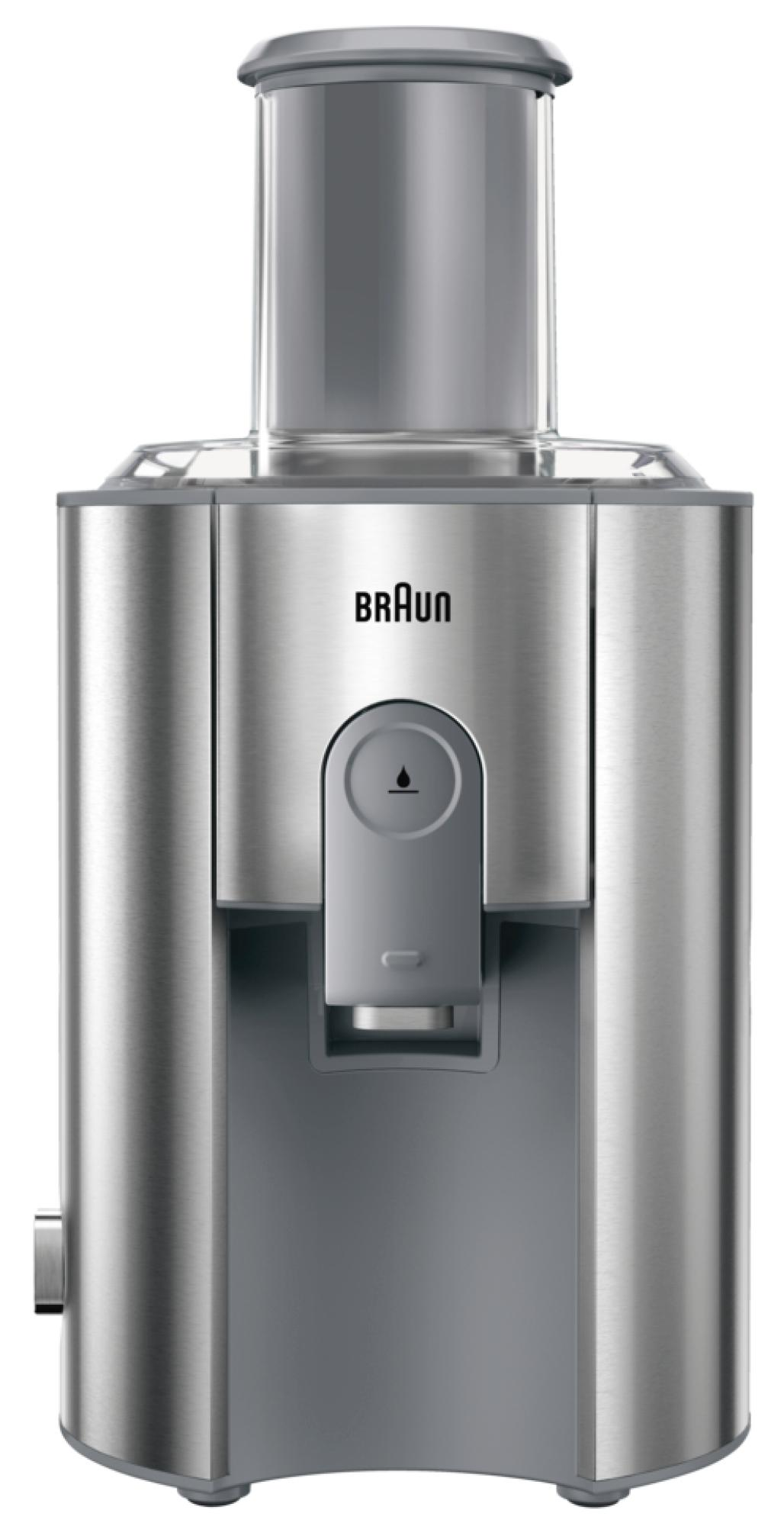 Un extracteur de jus Braun argenté. Il a un design haut, cylindrique avec le logo Braun sur le devant.